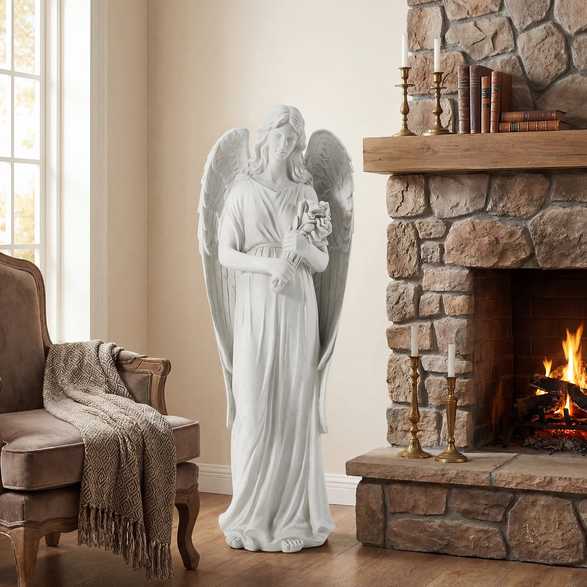 HOMREST 45'' Large Outdoor Statues, Garden Angel Holding Flowers, Sculpture Decor for Patio, Yard and Home, White