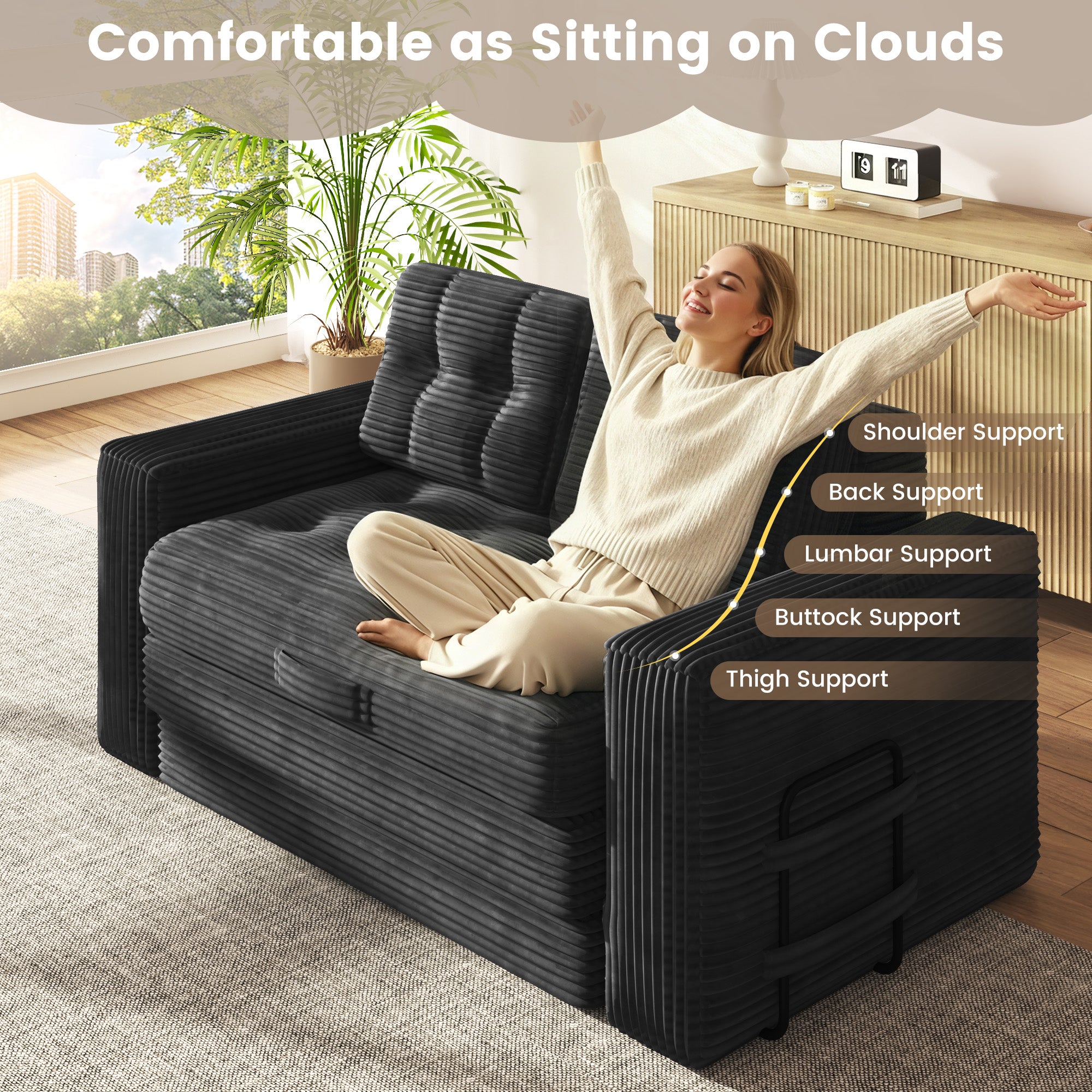 HOMREST No Assembly Needed Convertible Sofa Bed, 2 in 1 Boneless Couch Bed with 2 Pillows, Black