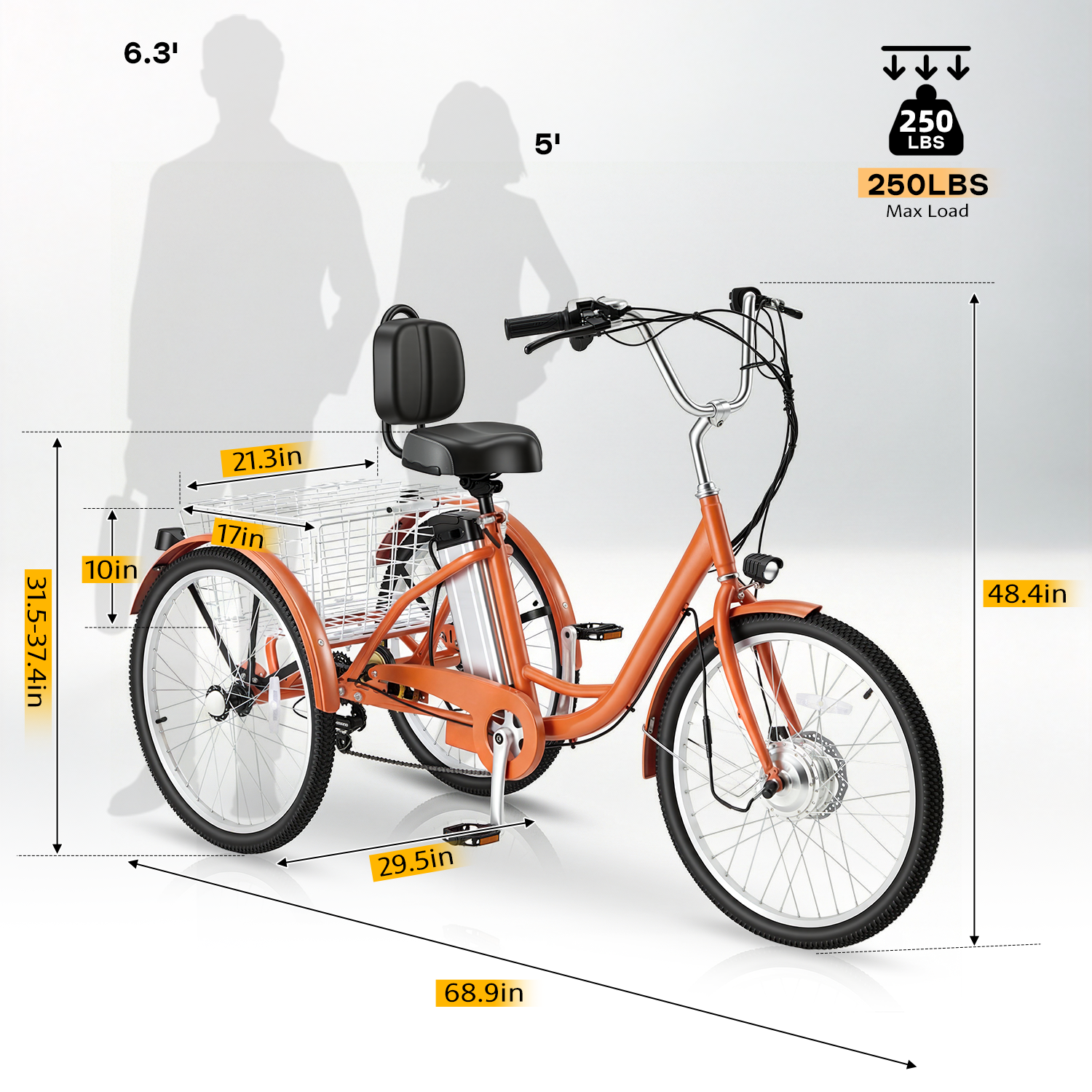 HOMREST Electric Trike for Adults,Peak 500W Brushless Motor, E-Trike with 24" x 2" Tires, Removable Battery, Charger,Step-Thru 3-Wheel Electric Bicycle, Up to 55 Miles Range, 15.5MPH+ Speed, Orange