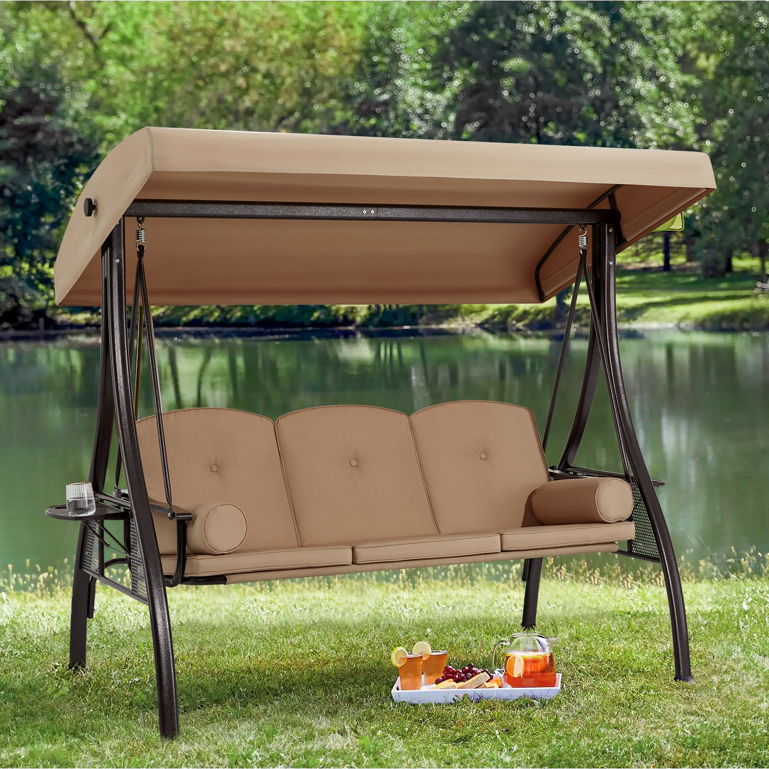  3-Seat Outdoor Porch Swing with Adjustable Canopy and Backrest, Brown | Homrest Furniture
