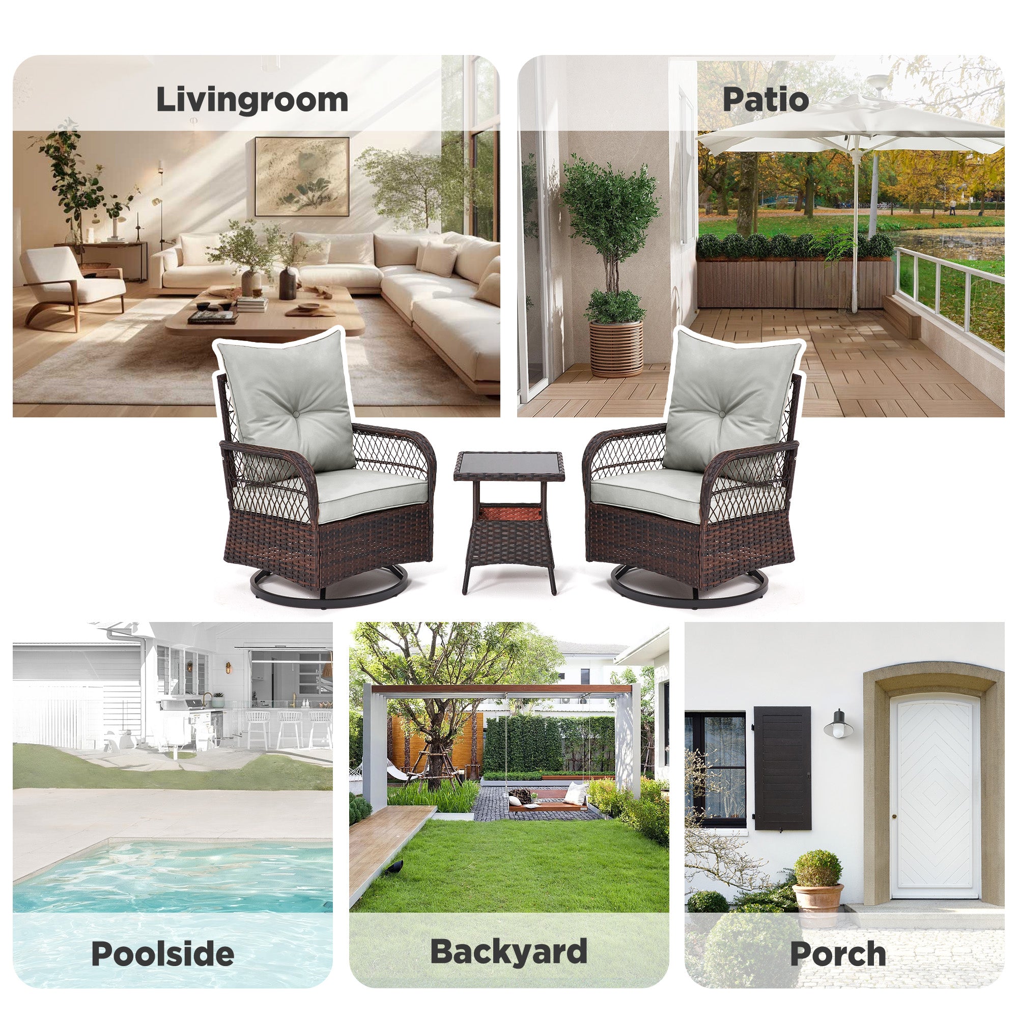 HOMREST 3-Piece Patio Swivel Rocker Set with Rattan Coffee Table for Lawn, Garden, Porch