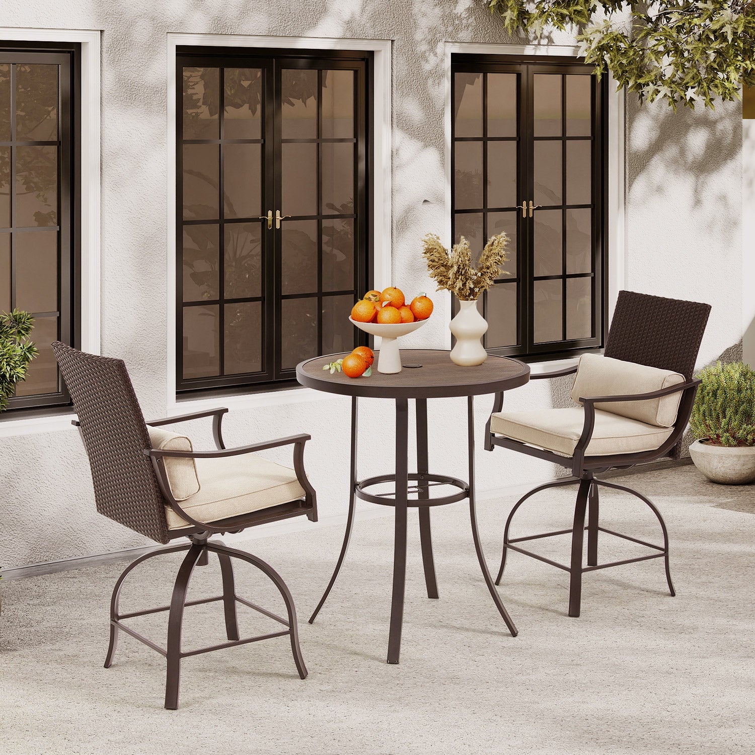 HOMREST 3 Piece Outdoor Patio Set, High Top Patio Bar Set, Beige