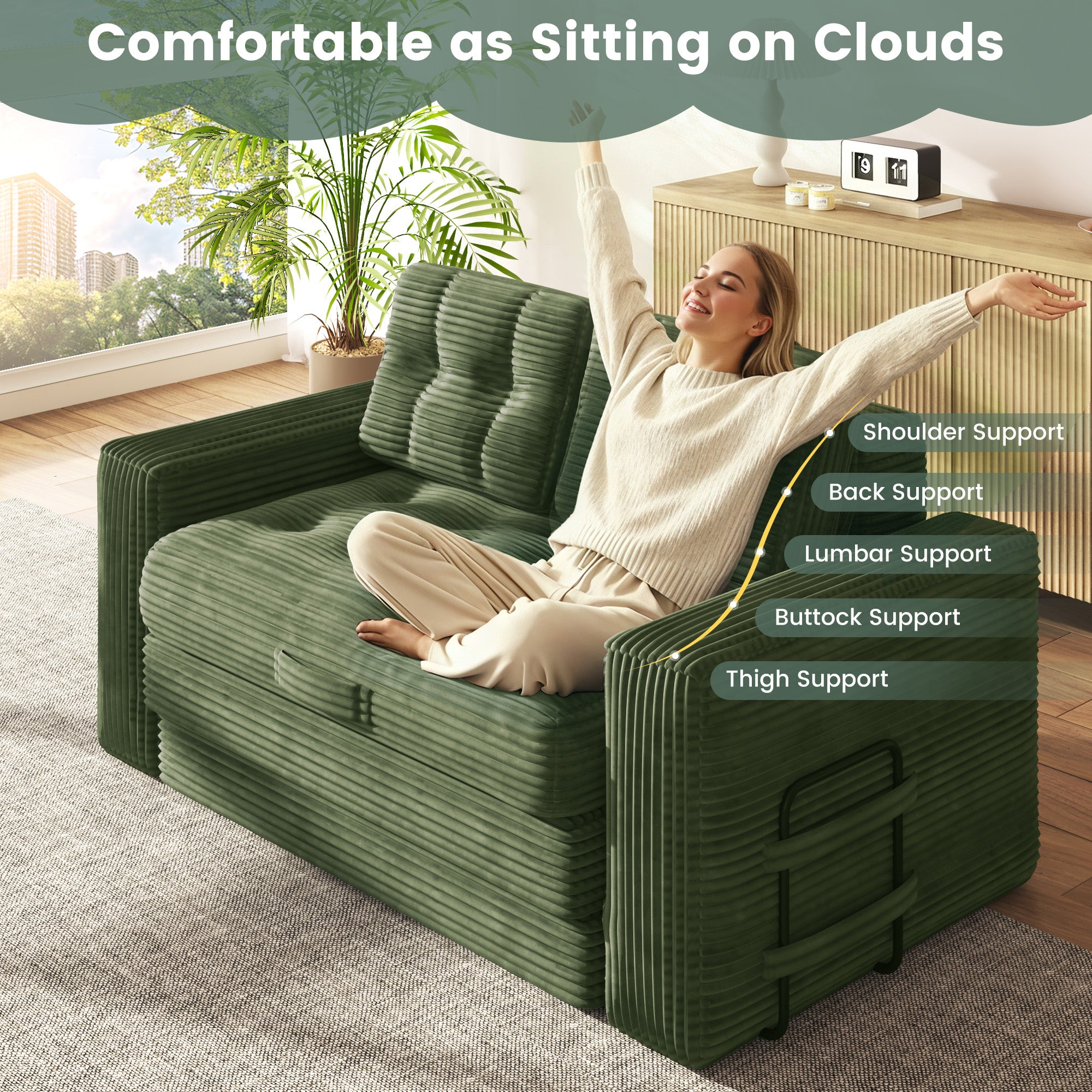 HOMREST No Assembly Needed Convertible Sofa Bed, 2 in 1 Boneless Couch Bed with 2 Pillows, Green