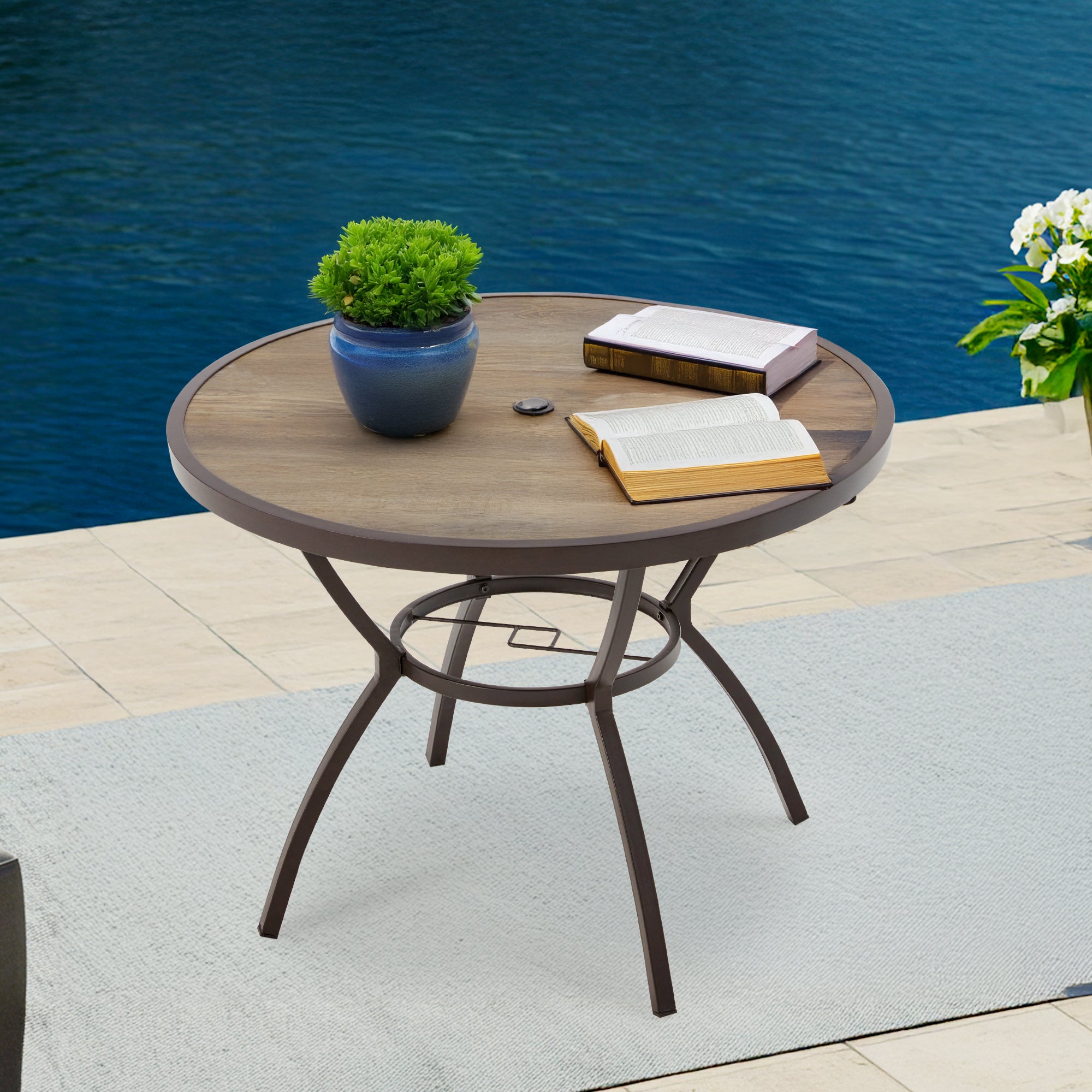 Homrest  38 Inch Outdoor Metal Dining Table with Adjustable Umbrella Hole