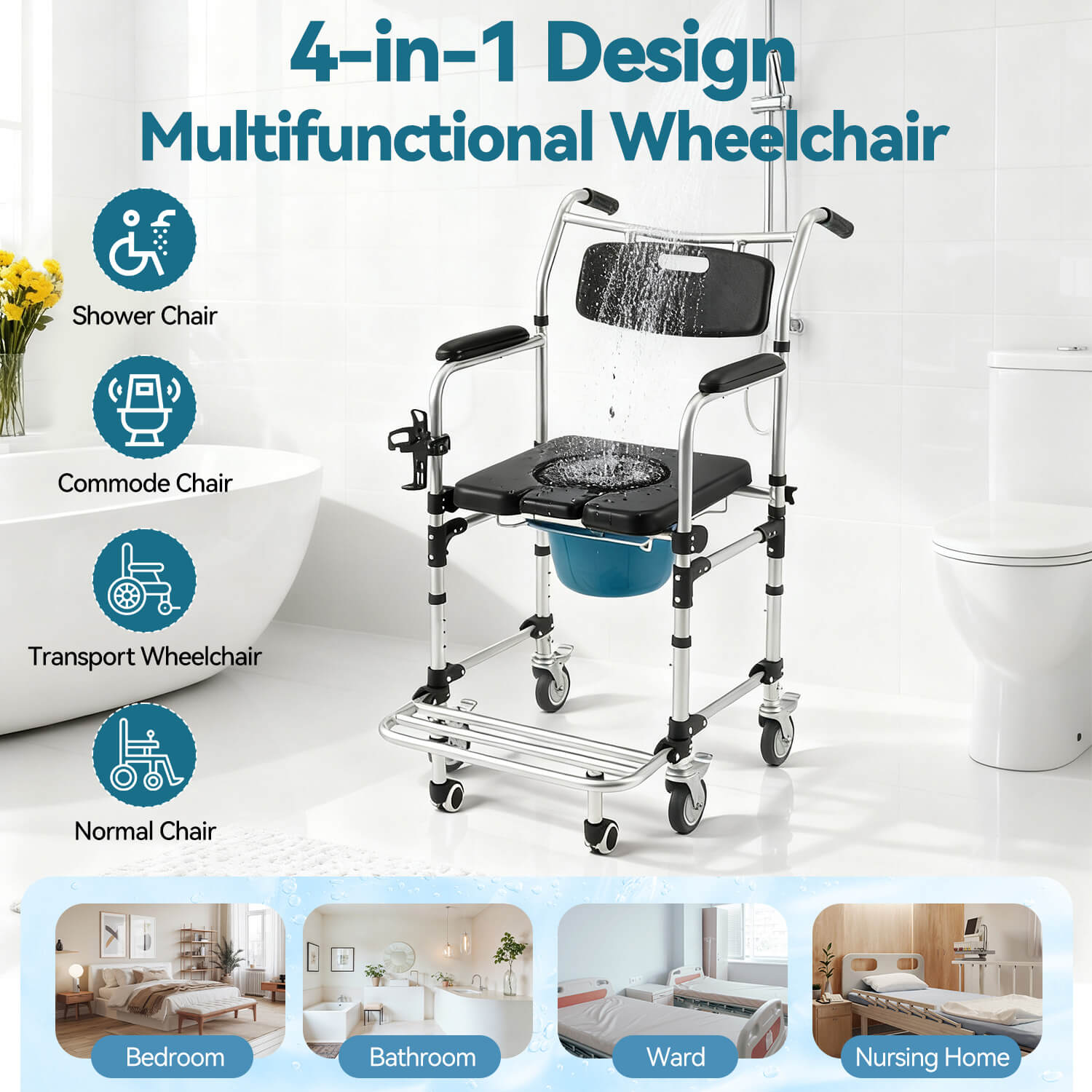 HOMREST 4-in-1 Bedside Commode Shower Wheelchair for Elderly and Disabled, Commode Chair with 4 Lockable Wheels, Detachable Bucket, Padded Seat and Armrests, Flip-Up Footrest, Black
