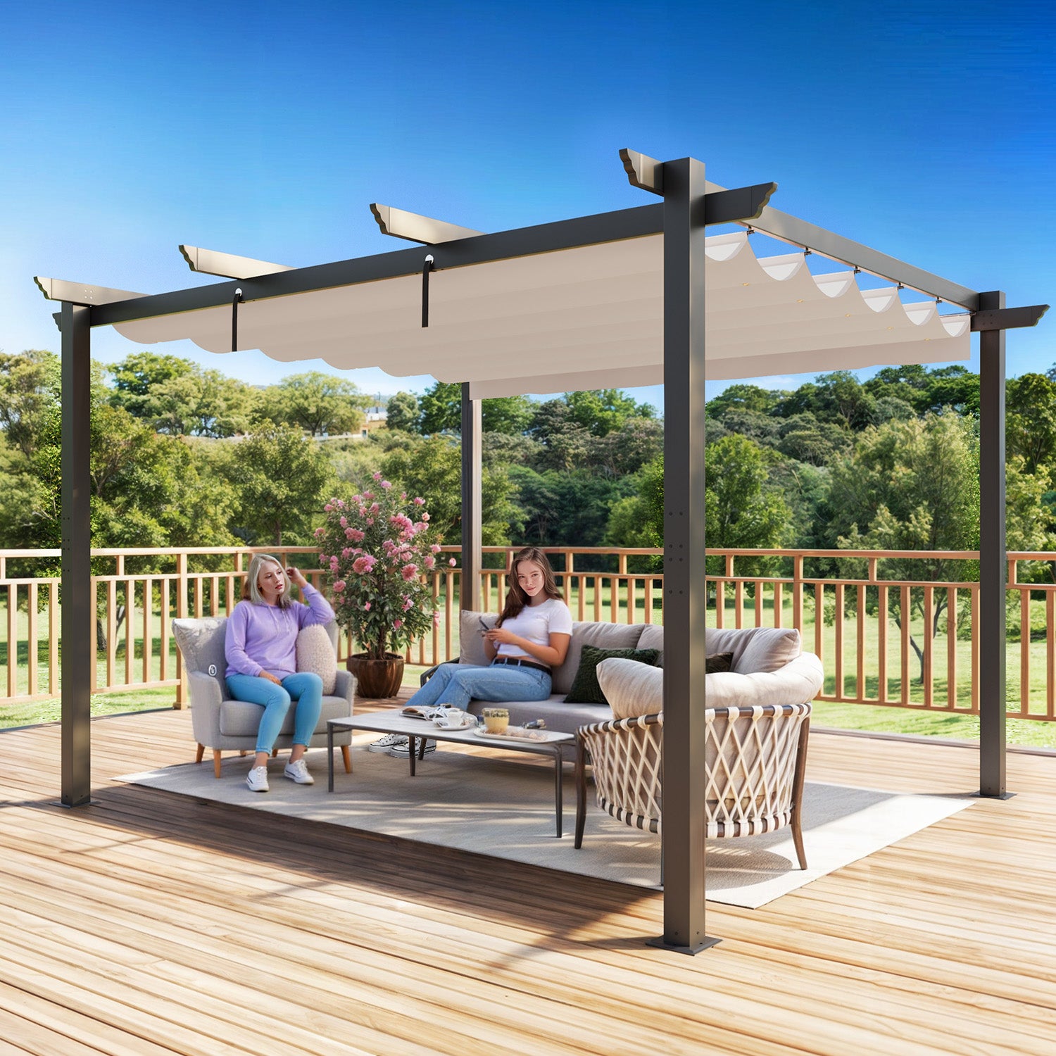 HOMREST Retractable Pergola 10x12 Ft, Upgraded Sun Shade with Waterproof Canopy, Durable Metal Patio Shelter with Magnetic Attachment for Backyard Garden Deck (Beige)