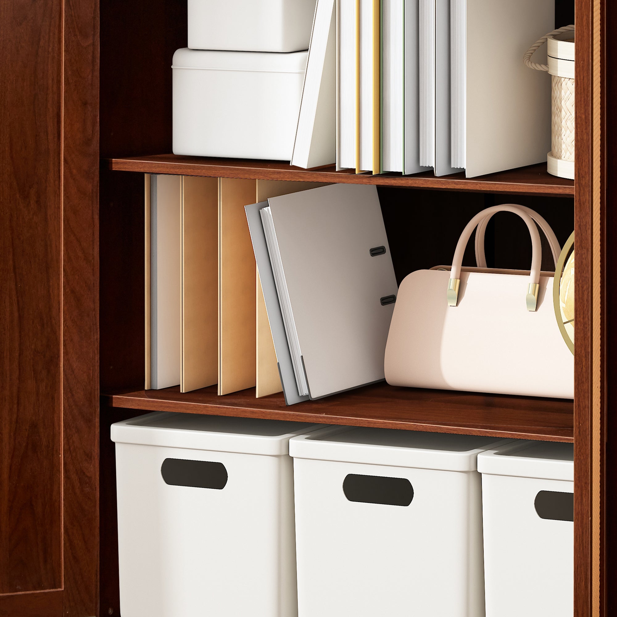 HOMREST Rattan Bookcase with cabinet, Heavy Duty Freestanding Bookcase With Storage Open Display, Walnut Brown