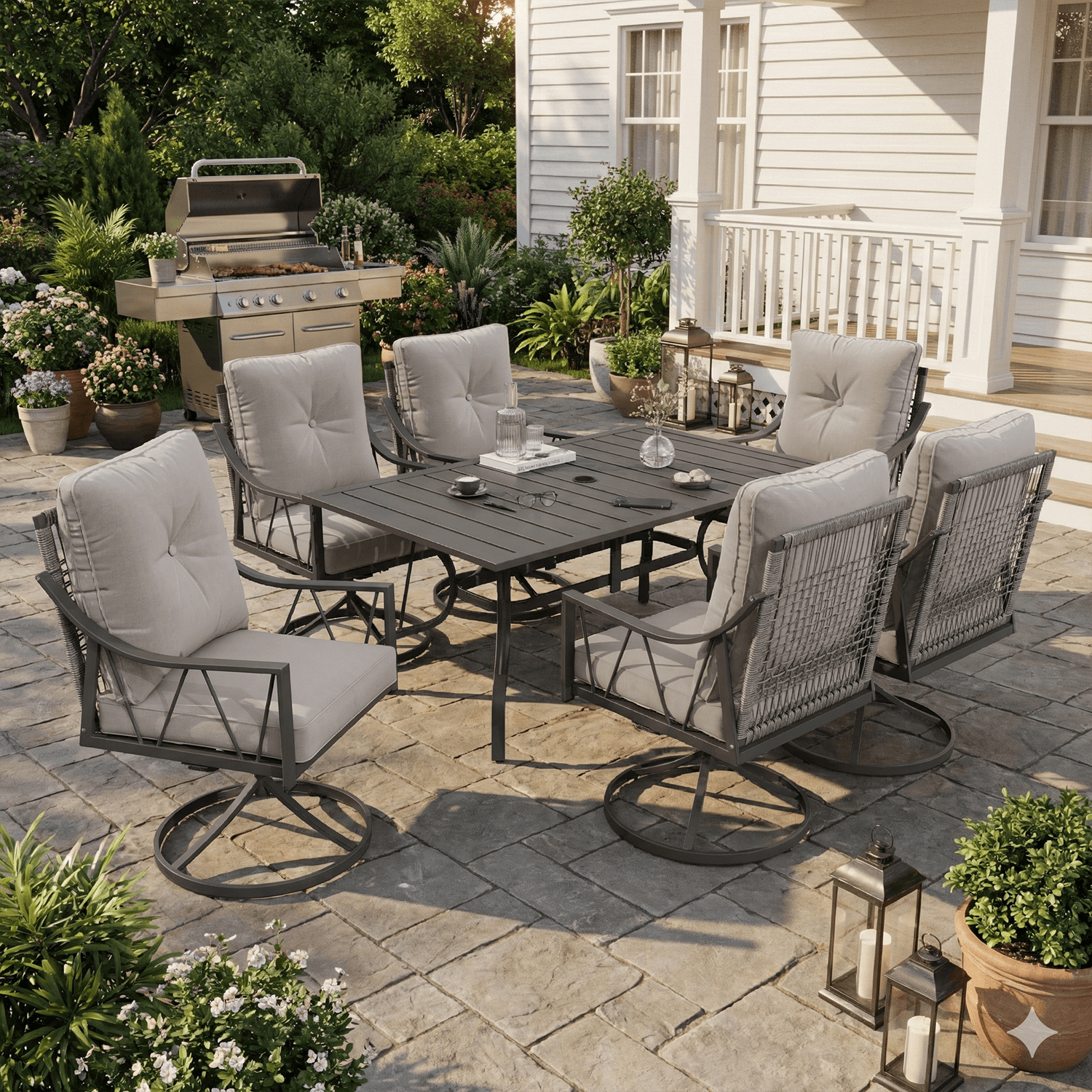 HOMREST 7-Piece Outdoor Patio Dining Set,  6 Wicker Swivel Rocking Chairs with Cushions & Rectangular Table with Adjustable Umbrella Hole, Black