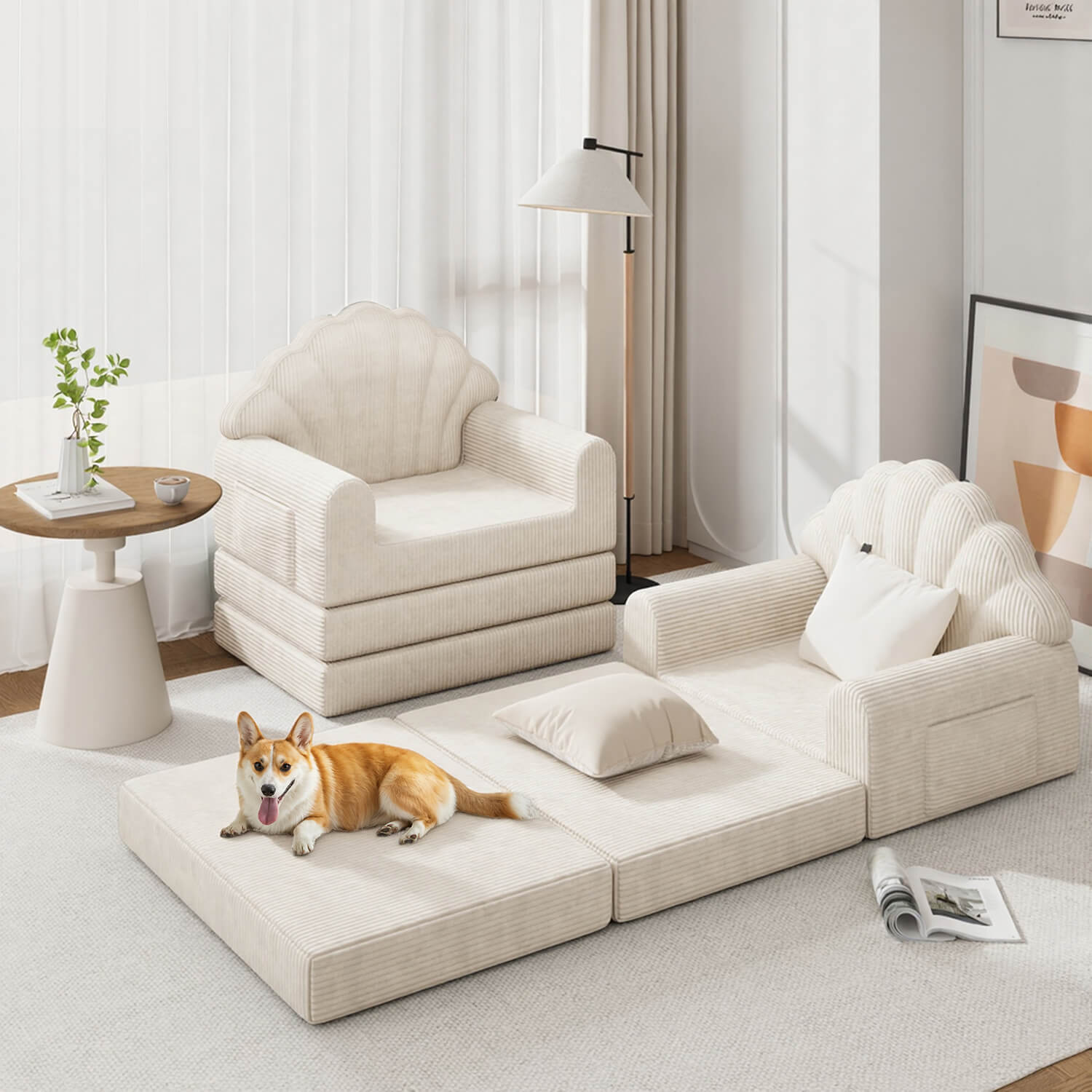 HOMREST 2-in-1 Folding Sofa Bed with Back Support, 75" D x 34" W Convertible Futon Sleeper Chair for Living Room Bedroom Small Spaces, Beige
