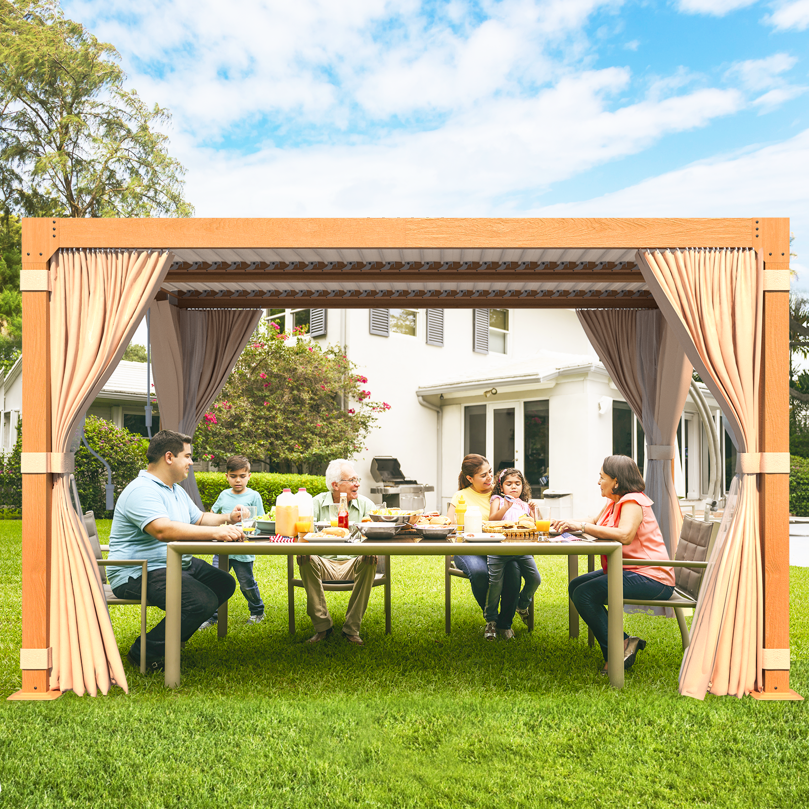 HOMREST Louvered Pergola 10x12 Outdoor Hard Top Pergola with Aluminum Frame and Adjustable Metal Rainproof Roof for Garden & Patio, Curtains and Netting Included, Wood Grain