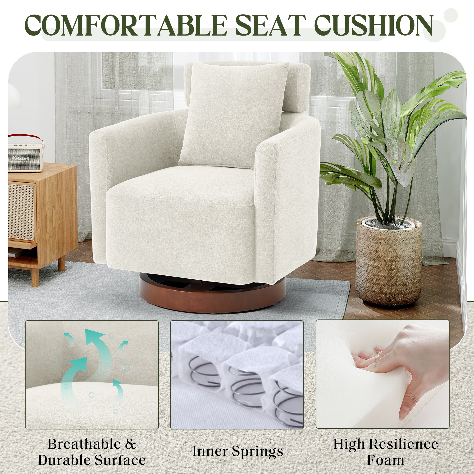 HOMREST Swivel Accent Chair, Ergonomic Adjustable Backrest Barrel Chair with 360° Rotation, Thick Velvet Cushion and Solid Wood Frame, Beige for Living Room, Bedroom, Office