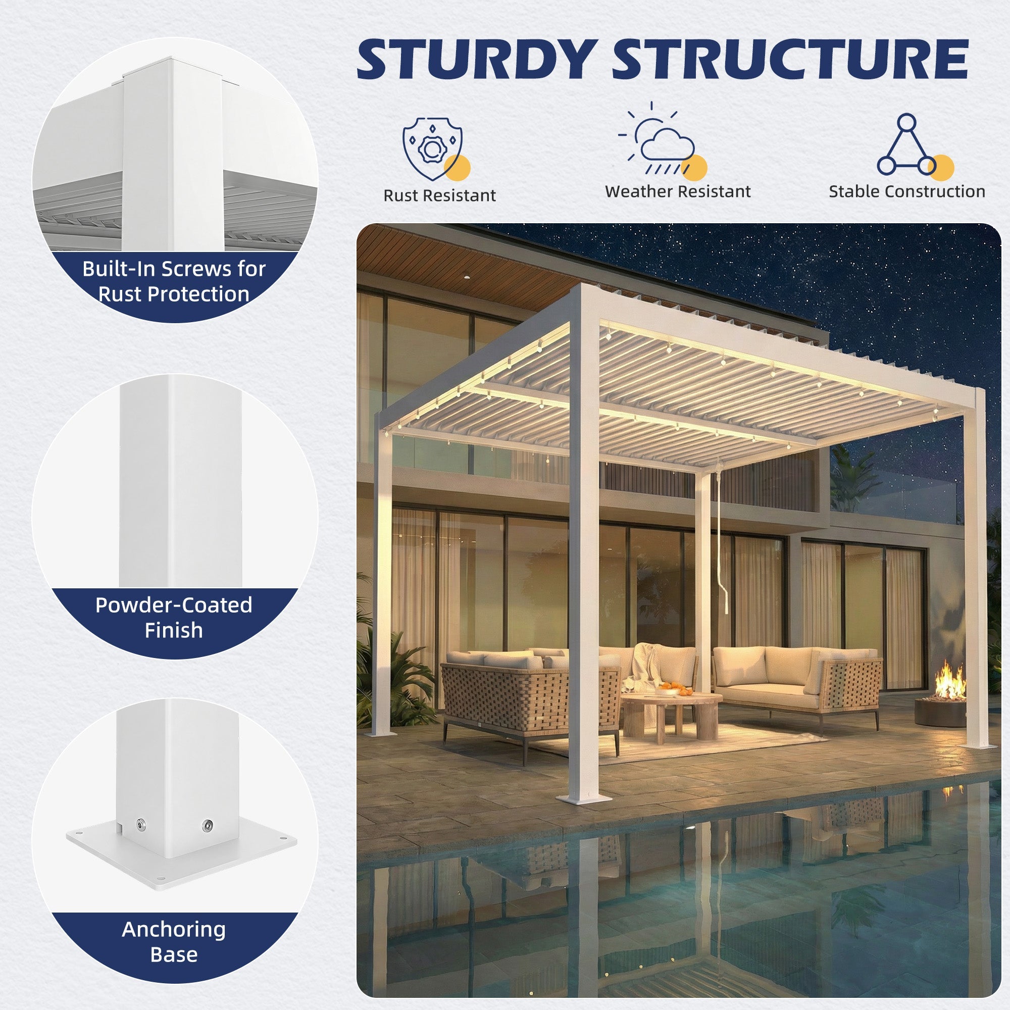 HOMREST 10' x 10' Outdoor Pergola with Adjustable Louvered Roof & Integrated Drainage, Heavy-Duty Metal Louvered Pergola for Patios, White
