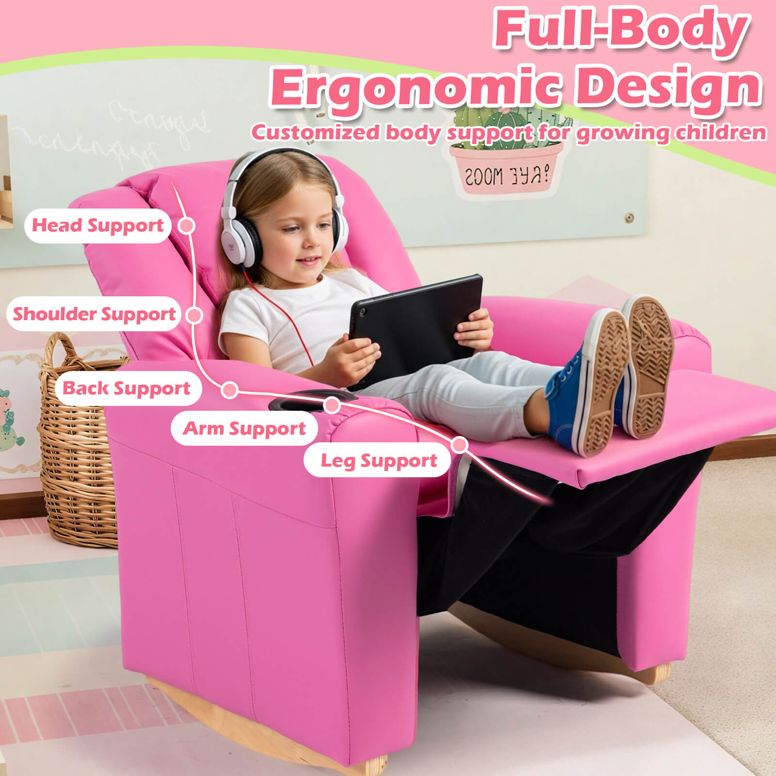 HOMREST Kids Recliner Chair with Cup Holder, Leather Toddler Recliner with Adjustable Backrest, Curved Rocking Legs and Comfy Armrests, Pink