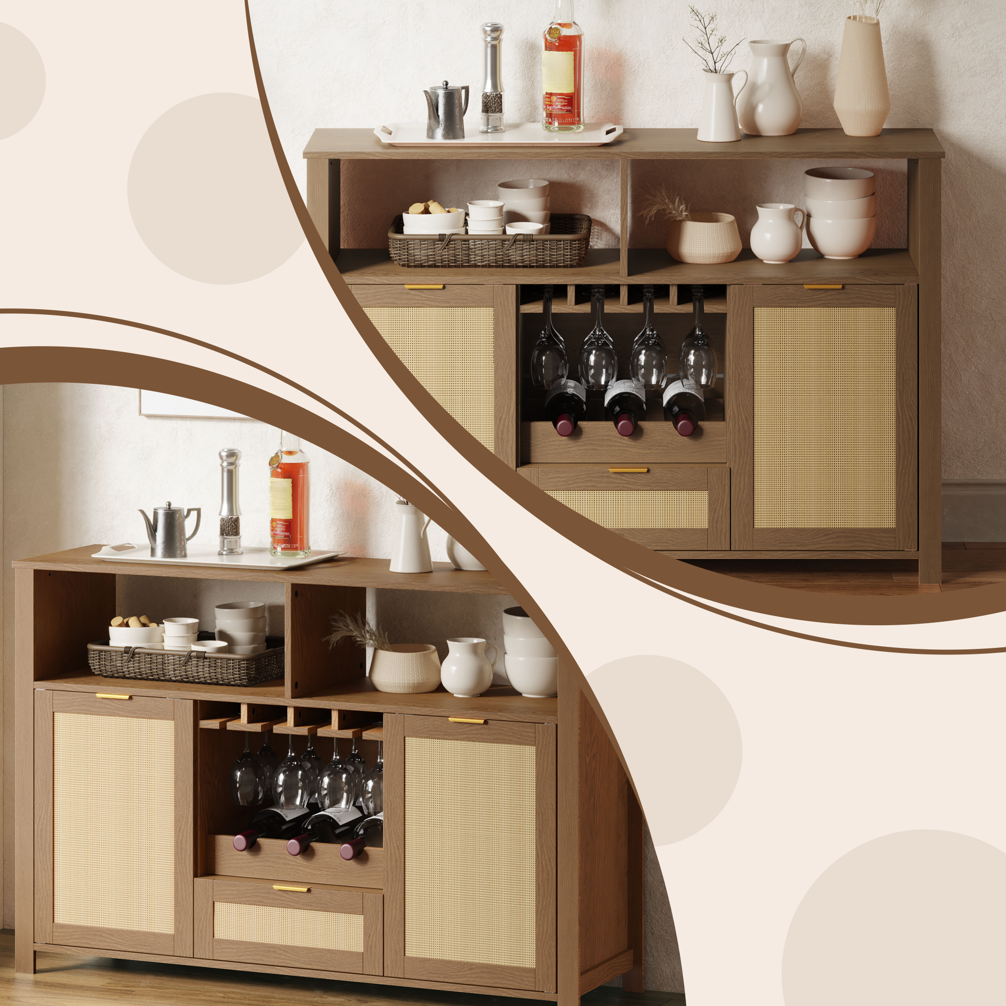 HOMREST Farmhouse Bar Cabinet with Storage, Wine Racks and Drawers for Dining Room and Living Room, Walnut Brown