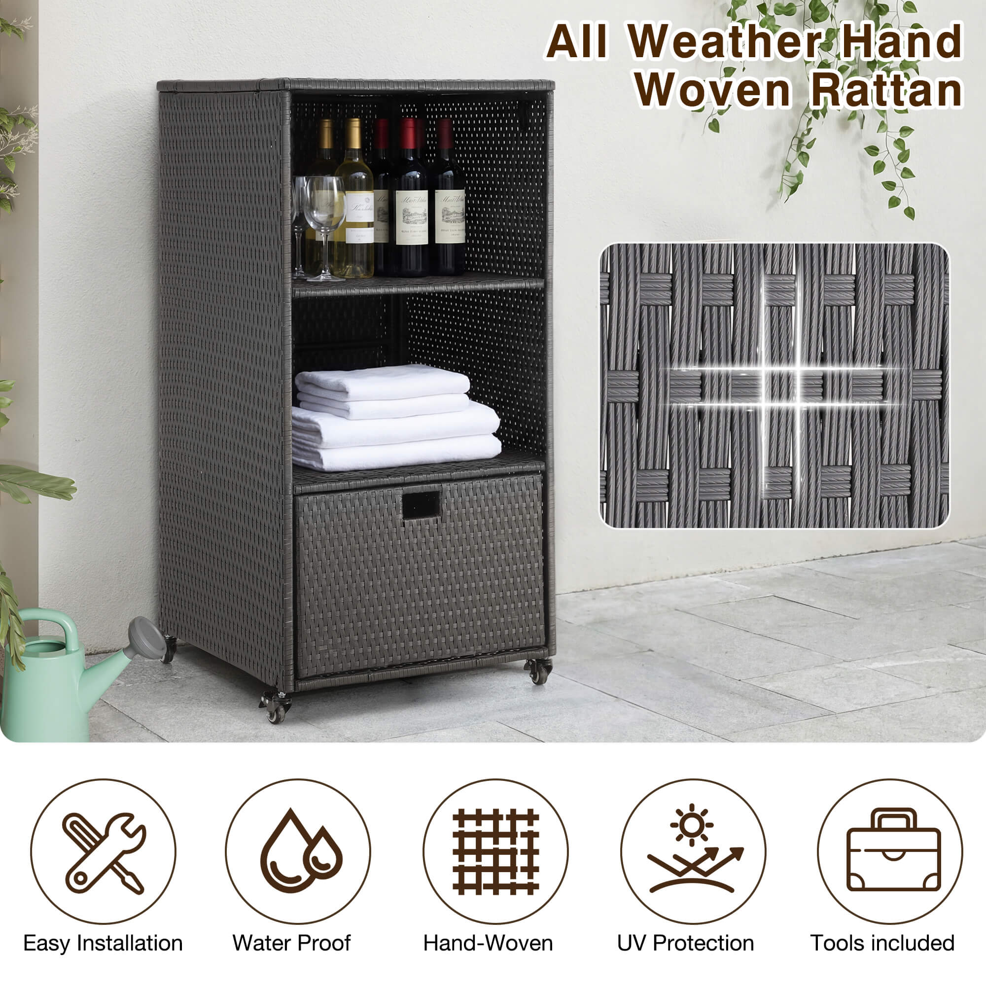 HOMREST Outdoor Pool Towel Rack with Storage Cabinet, Waterproof PE Rattan Wicker Poolside Towel Organizer with Shelves & Drawer, Rolling Wheels Towel Valet Caddy, Black