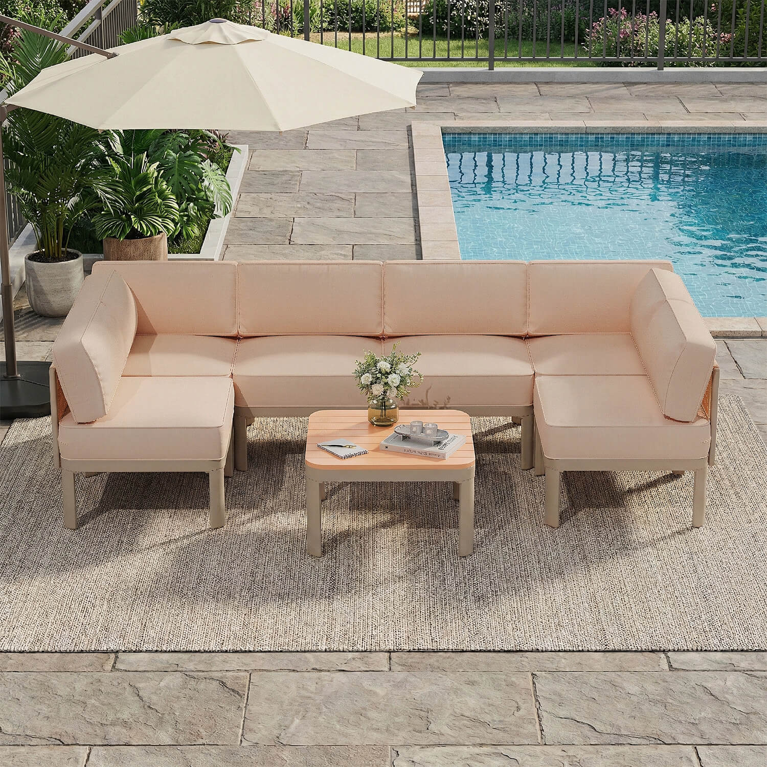 HOMREST 7 Pieces Patio Sectional Furniture Set, Aluminum Frame Outdoor Conversation Set with 6" Thick Cushions & Coffee Table, Beige