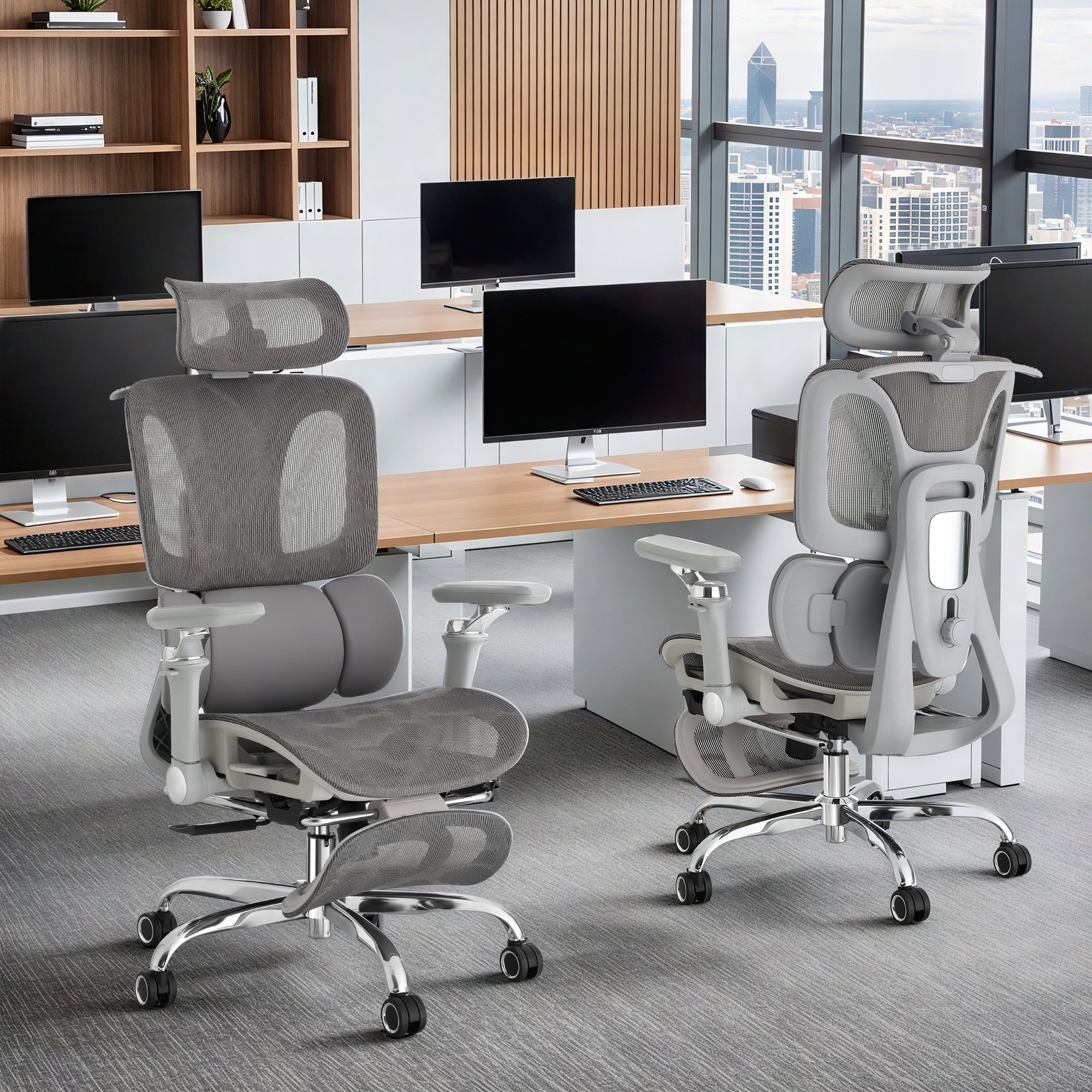 HOMREST Ergonomic Office Chair with 3-Zone Dynamic Lumbar Support, Big and Tall Mesh Office Chair with Footrest, Adjustable Seat Depth,4D Headrest,6D Armrests, Swivel Executive Chair for Home Office, Grey