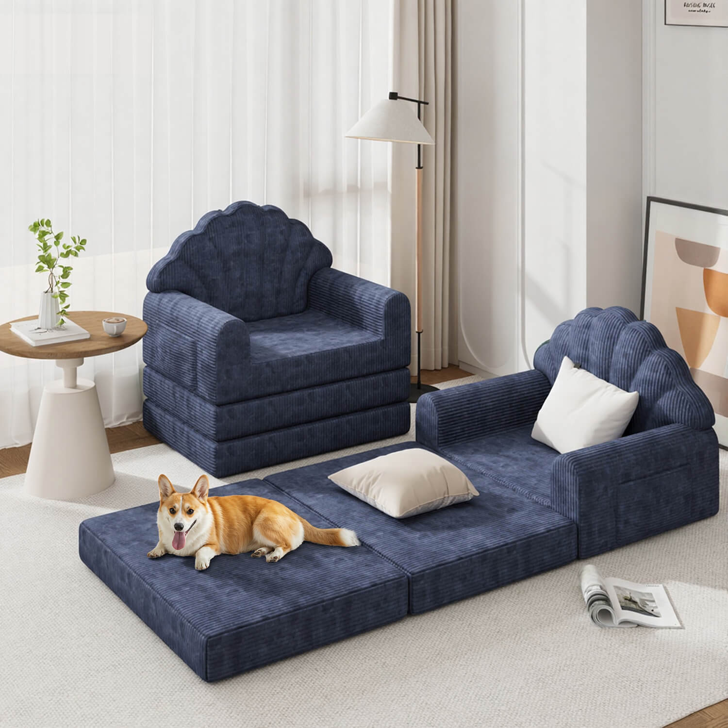 HOMREST 2-in-1 Folding Sofa Bed with Back Support, 75" D x 34" W Convertible Futon Sleeper Chair for Living Room Bedroom Small Spaces, Navy Blue