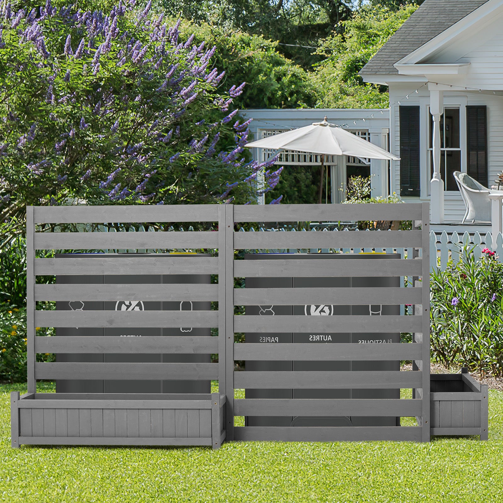 HOMREST No-Dig Privacy Fence with Planter Box - 3 Panels, 33" W x 39" H Durable Outdoor Patio Wood Screen for AC Unit, Trash Hide & Floral Garden Bed, Grey
