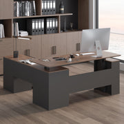 HOMREST 63" L Shaped Electric Standing Desk with Storage, Executive Adjustable Height with Power Outlets and Privacy Panel, Walnut Black