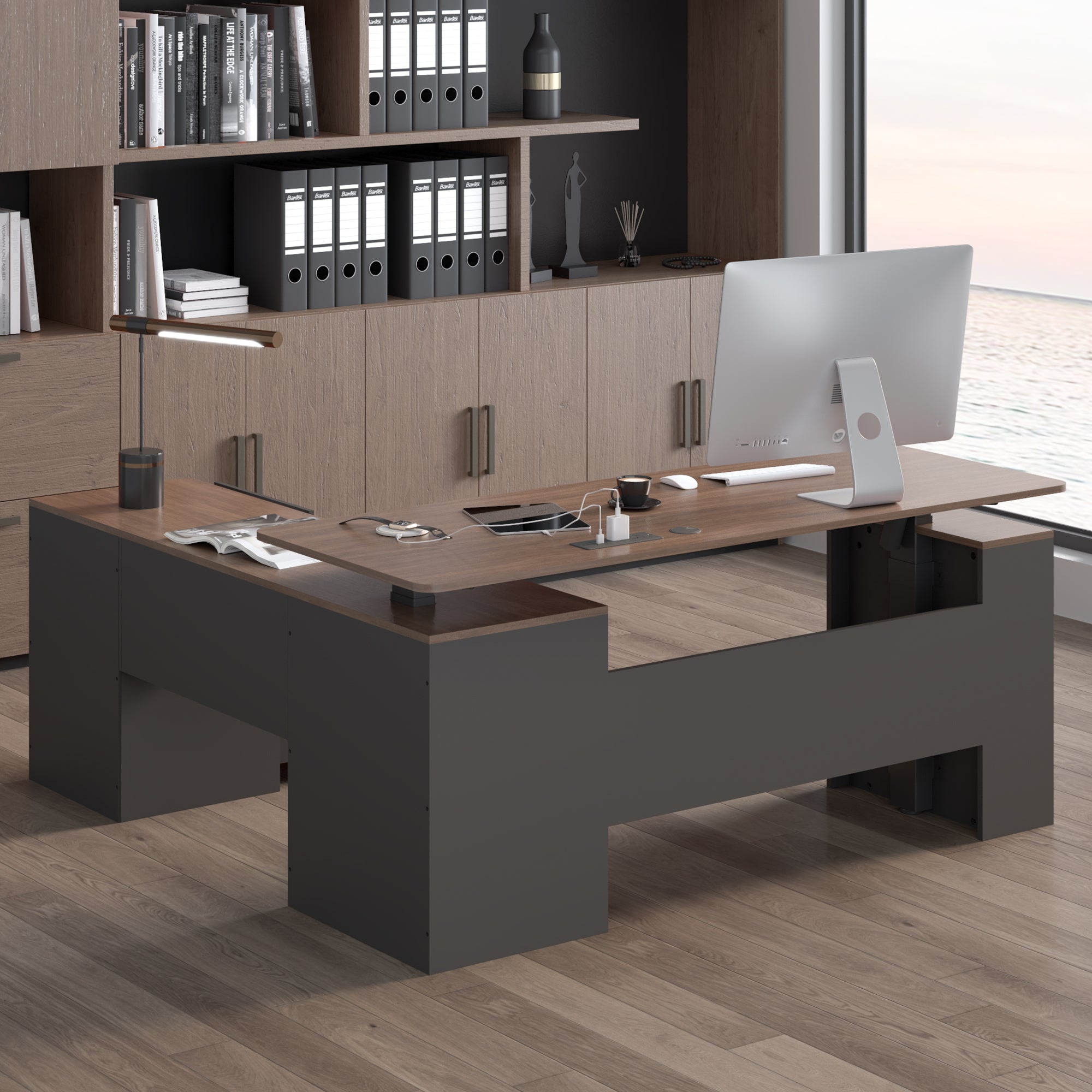 HOMREST 63" L Shaped Electric Standing Desk with Storage, Executive Adjustable Height with Power Outlets and Privacy Panel, Walnut Black