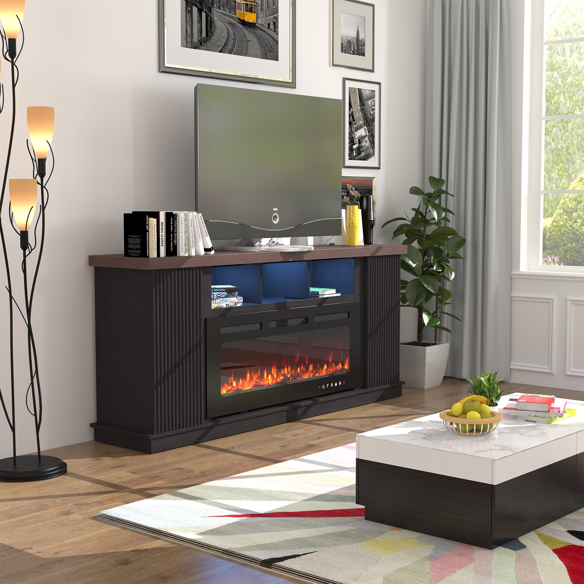 HOMREST 70 Inch TV Cabinet with Electric Fireplace, fire place tv stands for living room, LED Light Bar, Dark Walnut Color