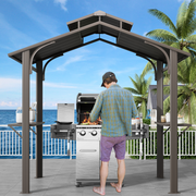 HOMREST 8' x 5' Hardtop Grill Gazebo with 2 Side Shelves, Bottle Opener, and Galvanized Steel Double Roof, Brown
