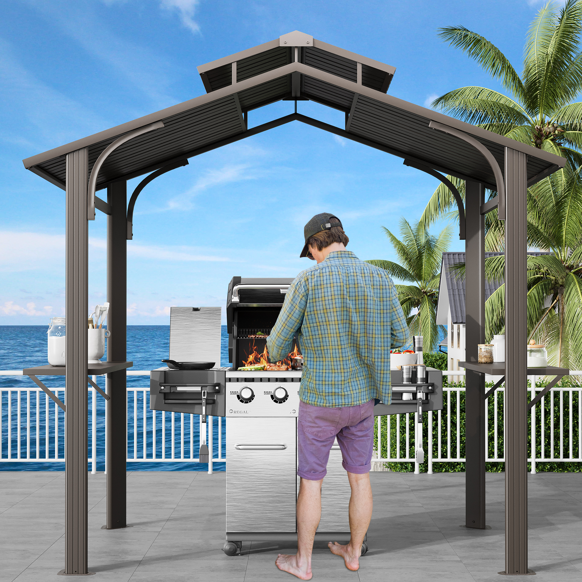 HOMREST 8' x 5' Hardtop Grill Gazebo with 2 Side Shelves, Bottle Opener, and Galvanized Steel Double Roof, Brown