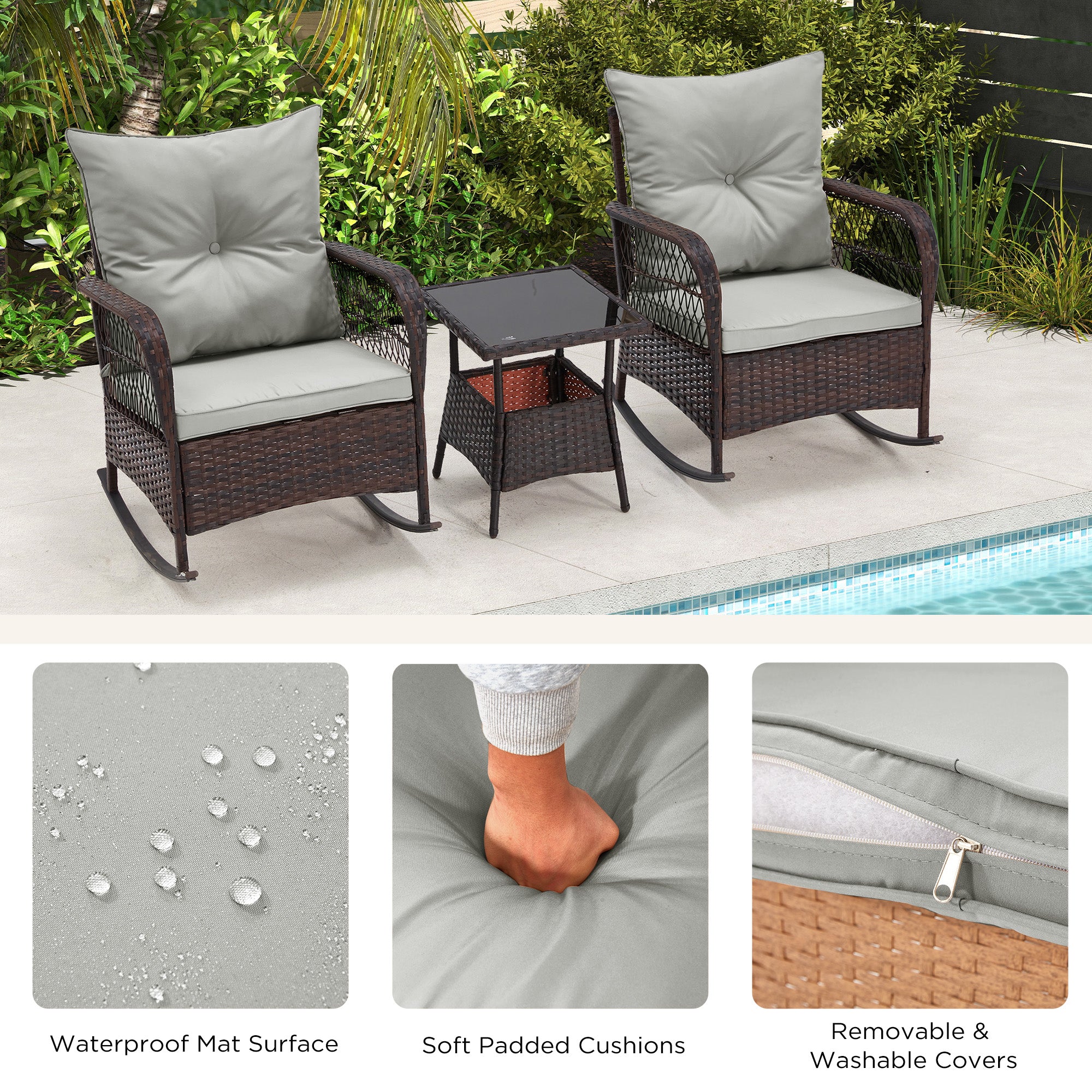 HOMREST 3-Piece Rattan Rocking Bistro Set with Glass Coffee Table for Porch & Garden