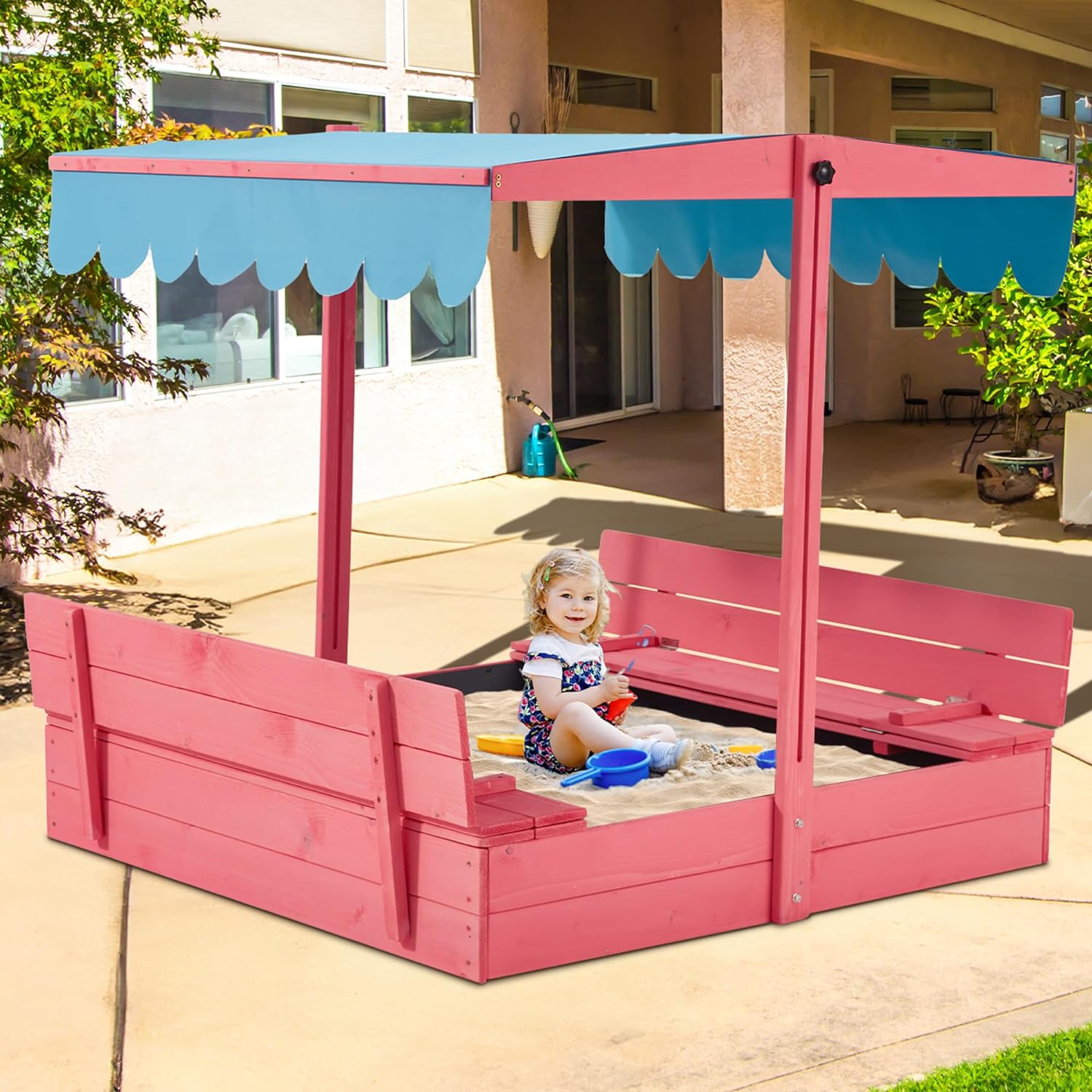 Homrest Kids Sandbox with Cover, Wooden with Height Adjustable Roof,for Aged 3-8, for Backyard, Beach, Lawn, Pink