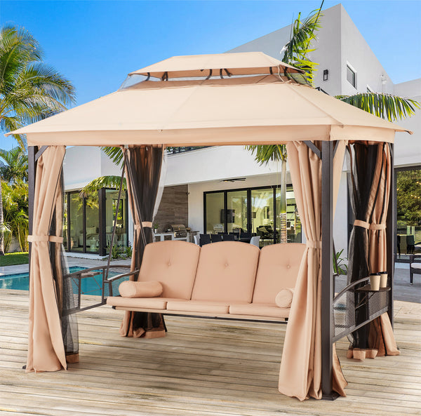 Homrest 3-Seat Swing Chair,Outdoor Gazebo Swing,Porch Swings Outdoor with Double Tier Canopy,Netting Curtains,Side Trays,for Graden,Poolside Backyard(Khaki)