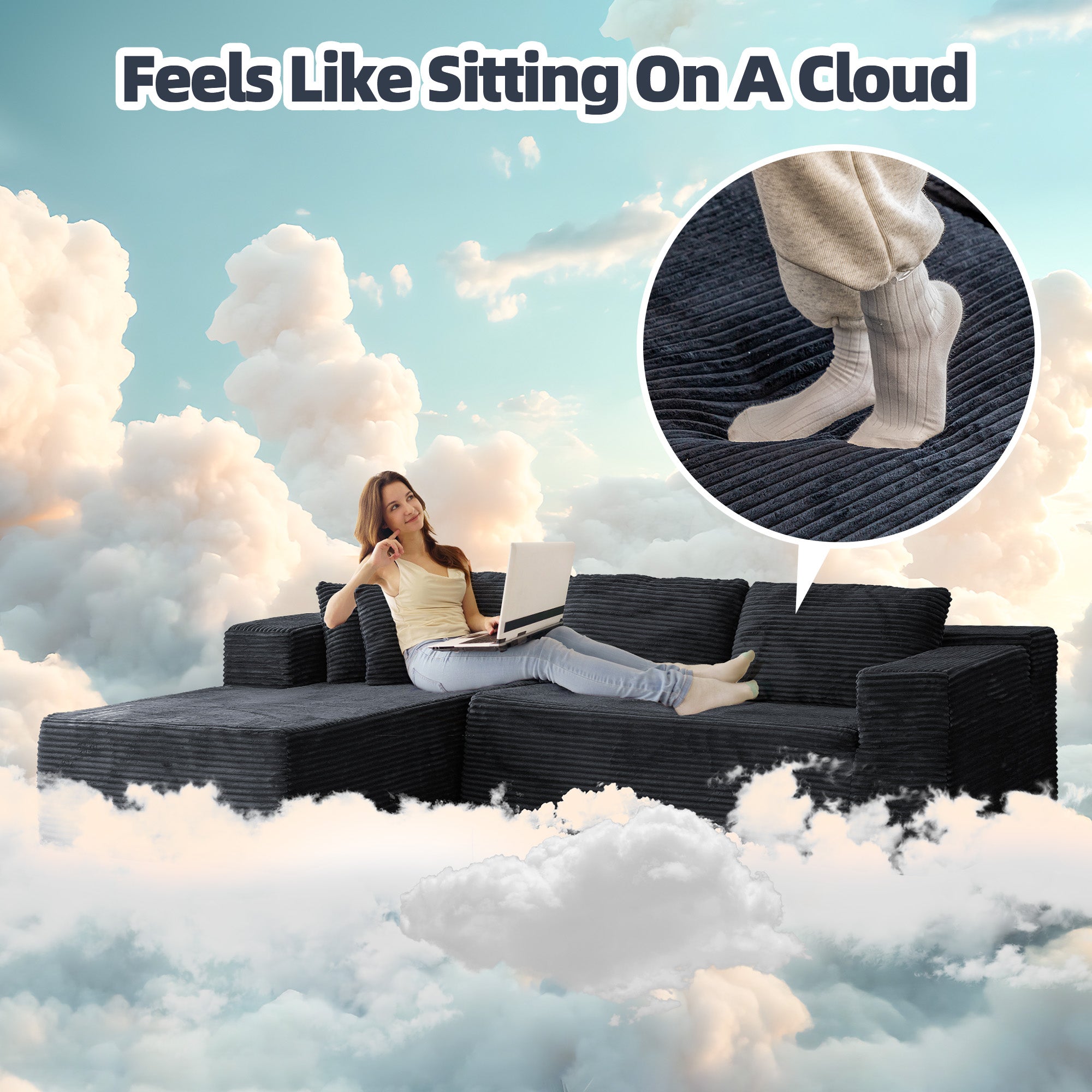 HOMREST 106 inch Cloud Sectional Couch with Chaise Lounge for Living Room Bedroom Apartment, Corduroy Fabric, Black