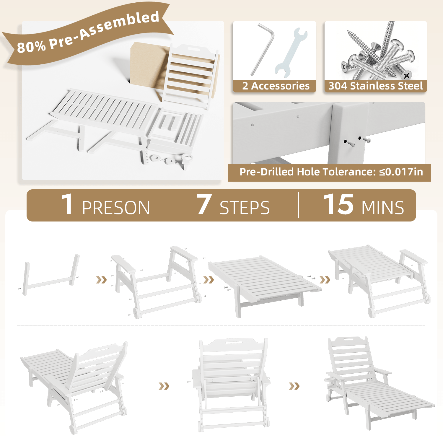 HOMREST 22" W Oversized Chaise Lounge Chairs, Adjustable HDPE Outdoor Chairs with Wheels & Cup Holder, White