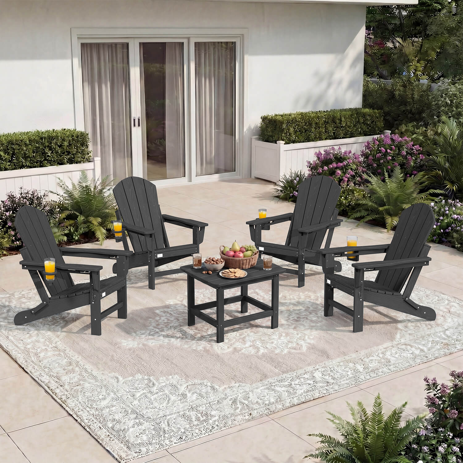 HOMREST 3-Position Adjustable Adirondack Chairs Set of 4, 400LBS HDPE Folding Outdoor Chairs with Cup Holder, Black