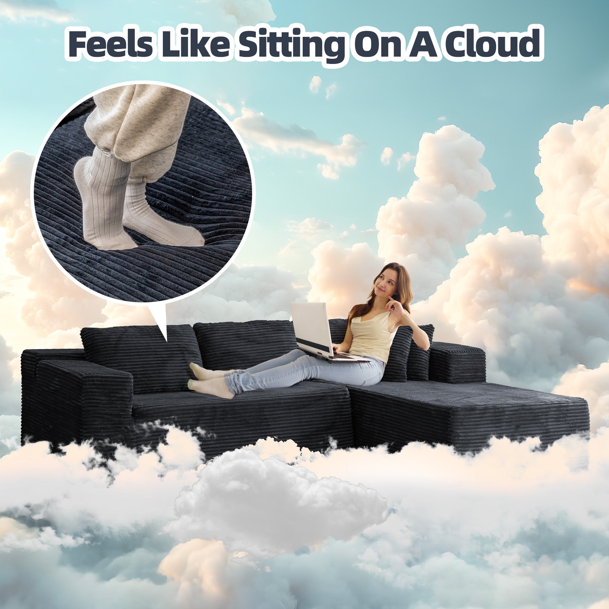 HOMREST 106 inch Cloud Sectional Couch with Chaise Lounge for Living Room, Corduroy Fabric, Black