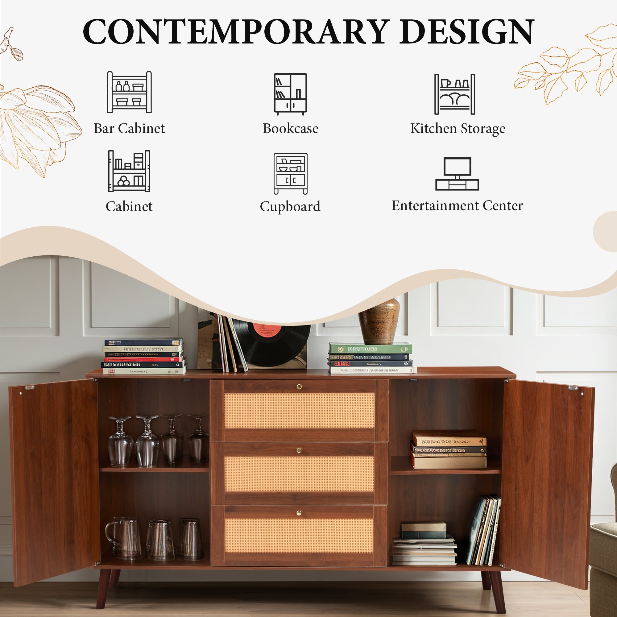 HOMREST  Solid Wood Sideboard Buffet Cabinet, Mid-Century Credenza for Living Room, Entryway, Walnut