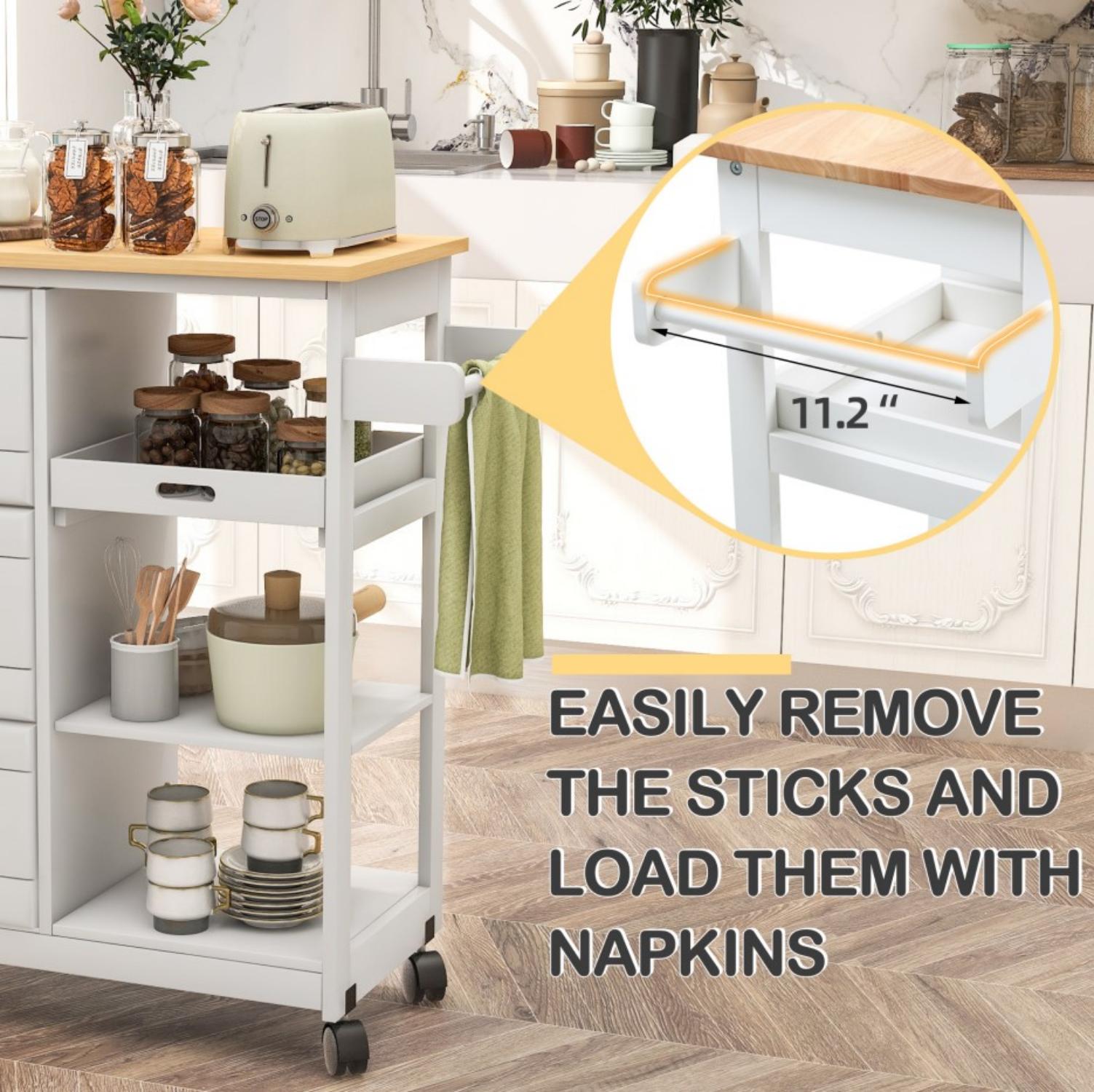 Homrest kitchen island on wheel,  easily remove the sticks and load them with napkins.