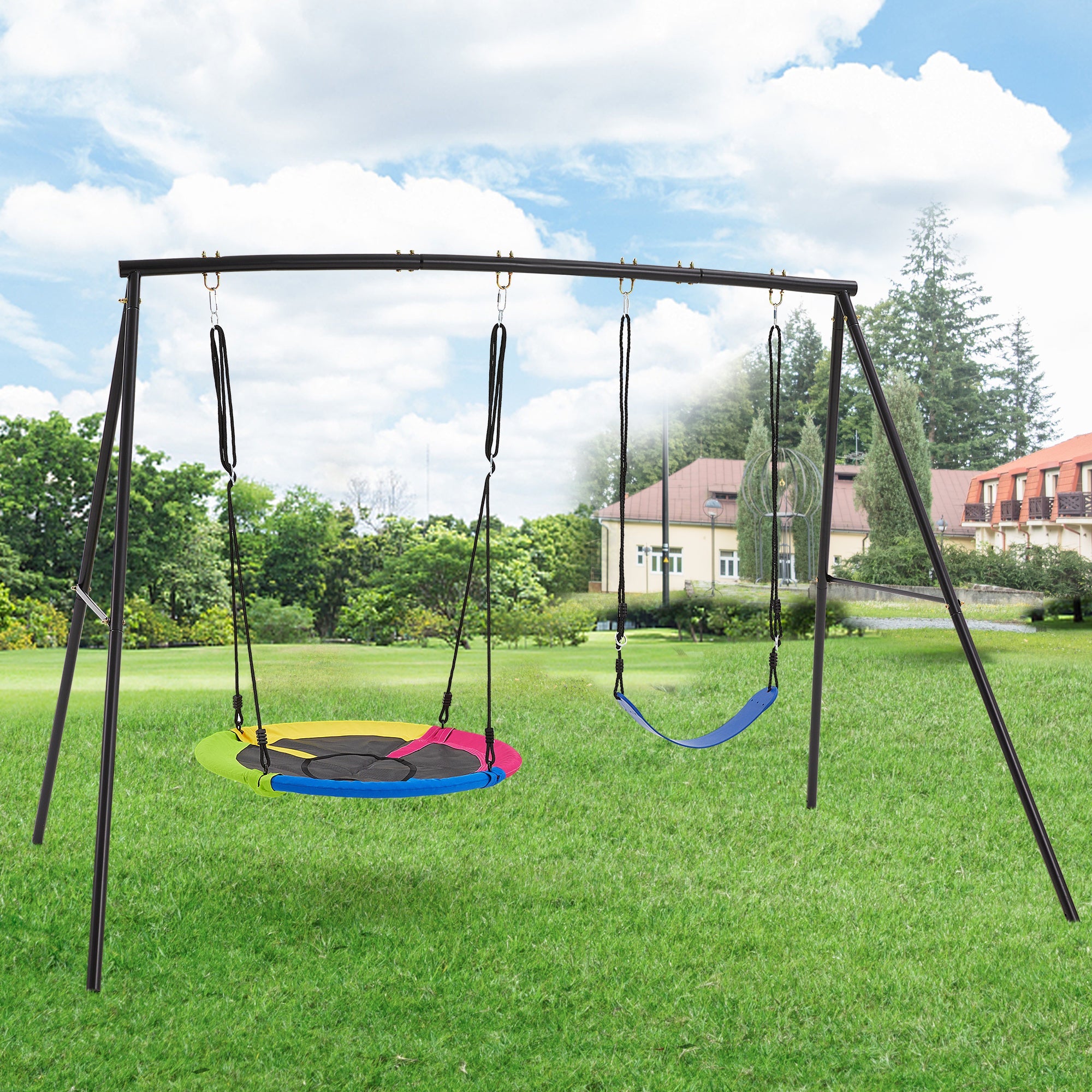 Homrest Heavy-Duty A-Frame Metal Swing Set, 440lbs Capacity, Includes Saucer & Belt Swings, Outdoor Playground for Kids