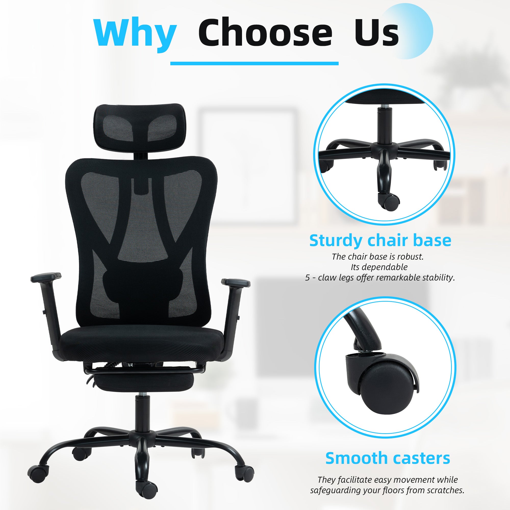 Homrest High-Back Ergonomic Mesh Office Chair with Footrest – Black