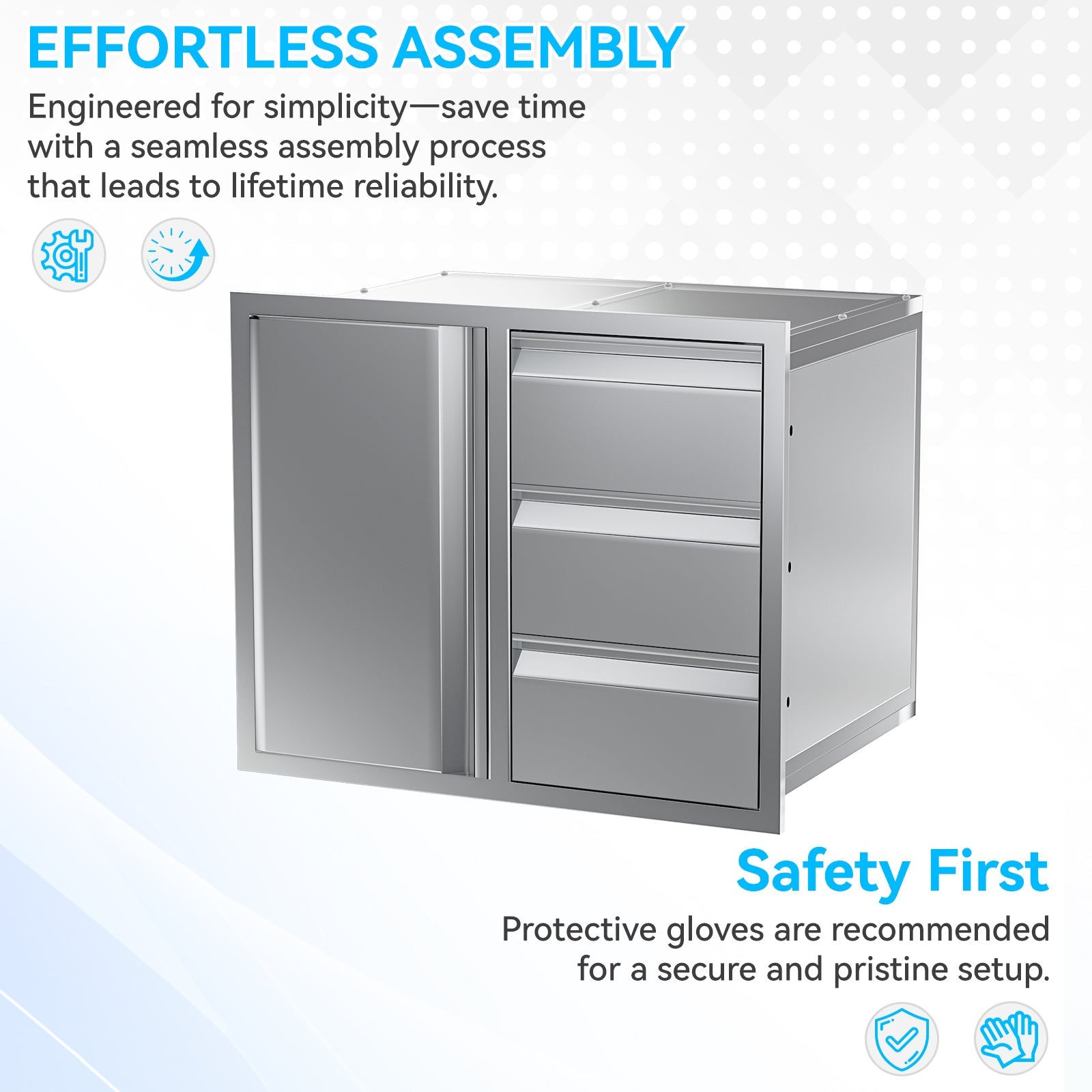 HOMREST Outdoor Kitchen Drawer and Trash Bin Combo - 28"Wx20"Dx23"H Built-in 304 Stainless Steel Cabinet with Triple Drawers & Pull-Out Trash Drawer, Silver