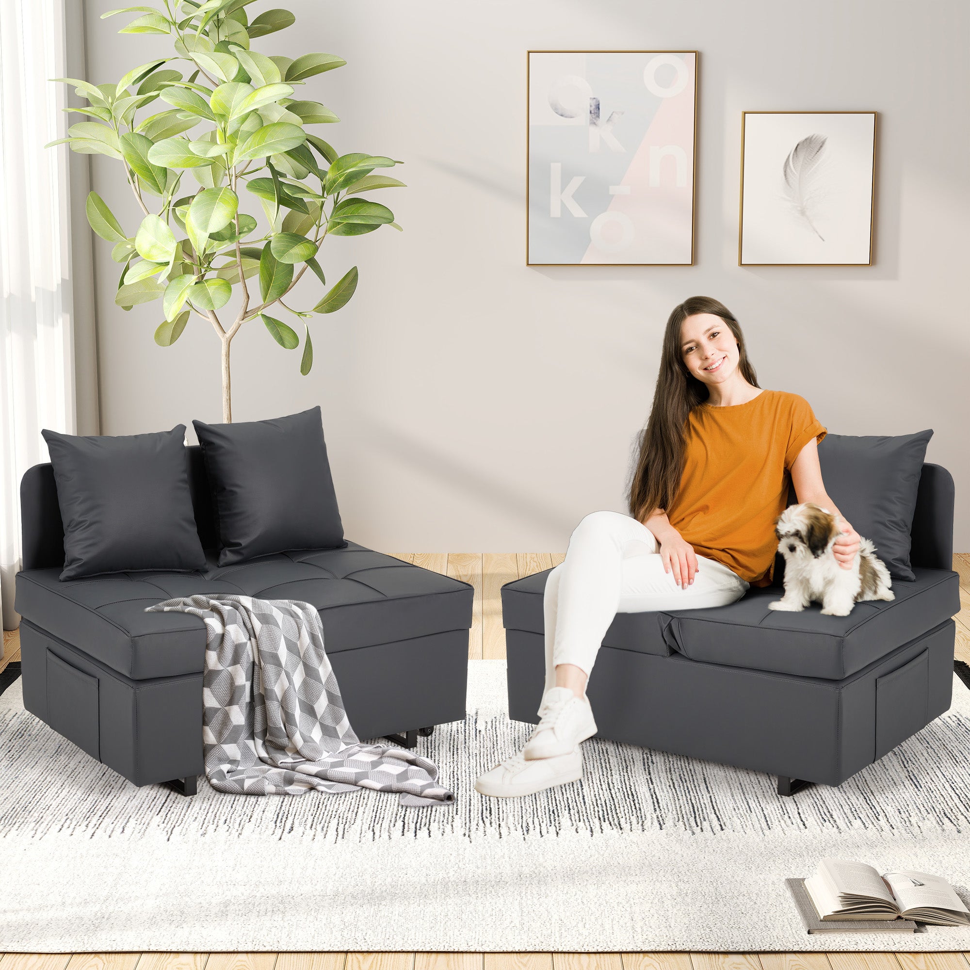 HOMREST 3 IN 1 Futon Sofa Bed Convertible Recliner Lounge with Reclining Backrest, Gray