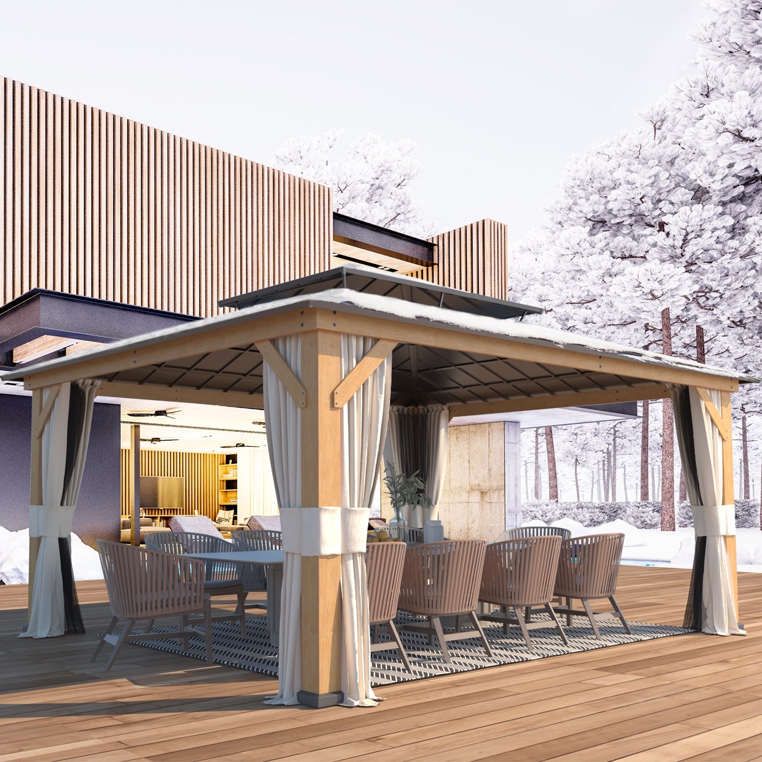 Homrest 13' x 15' Outdoor Cedar Wood Hardtop Gazebo w/ Double Metal Roof, Curtains & Nettings