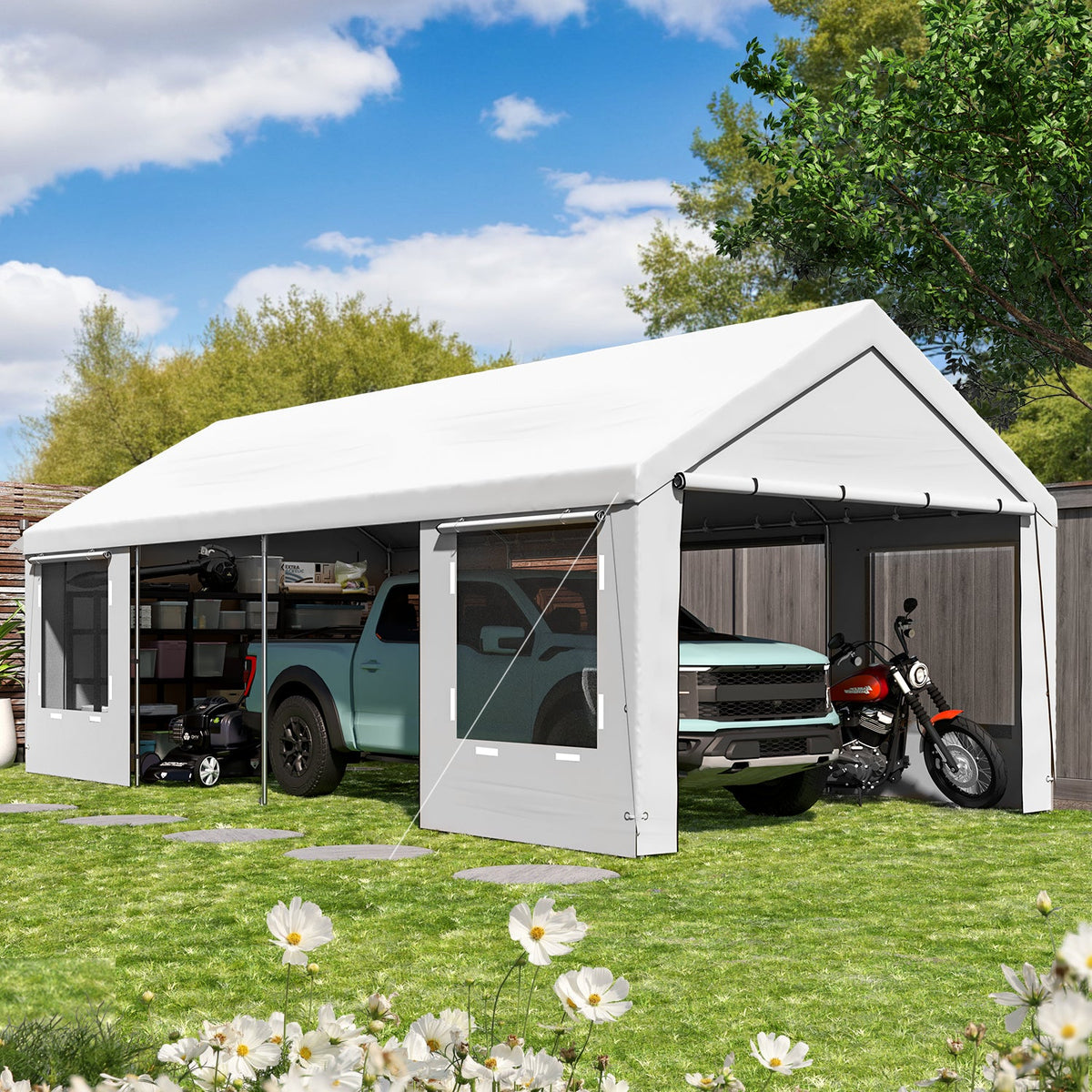 homrest 12' x 24' Heavy Duty Carport£¬Portable Garage with UV Protection & Steel Frame, Car Port with Removable Sidewalls, All-Season Car Canopy for Tractor, Truck, Boat, White