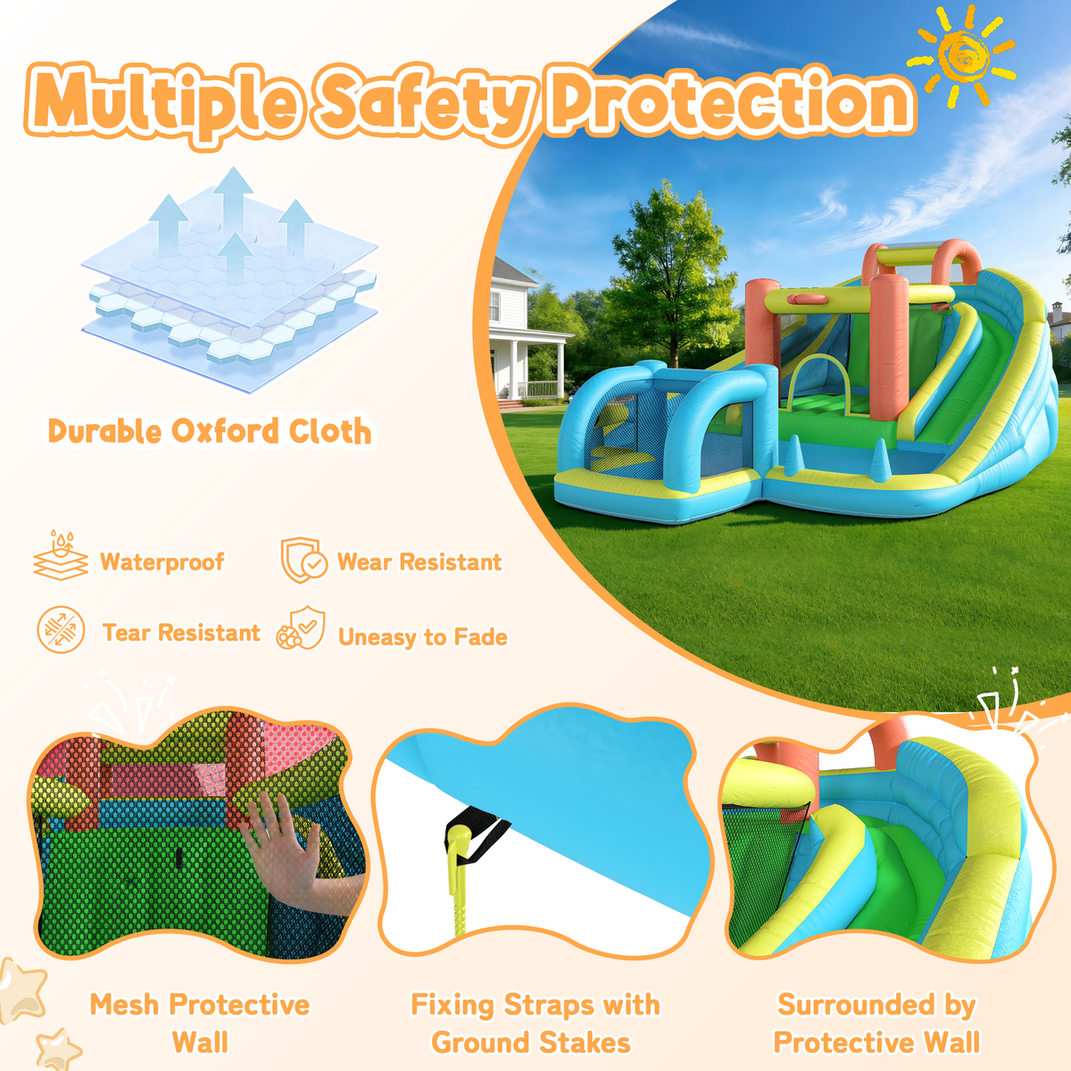 Homrest Inflatable Bounce House with Double Slide, Bouncy Castle for Kids 3-12 with Blower, Water Cannon, Football Net, Jumping, Climbing Wall, Basketball Hoop, Backyard Water Park for Kids