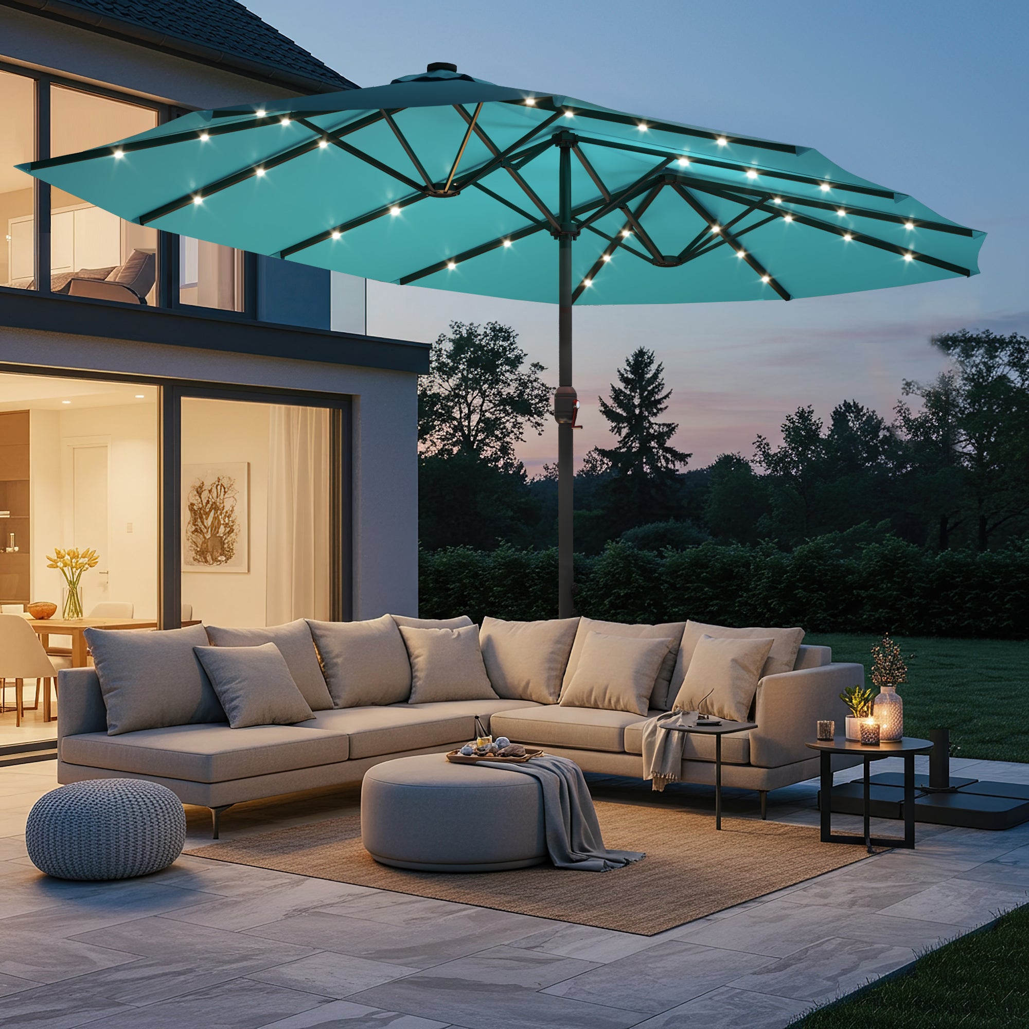 HOMREST 15ft Large Double-Sided Patio Umbrella with Solar LED Lights, Outdoor Crank System, and Base – Perfect for Garden, Deck, Poolside, Bule