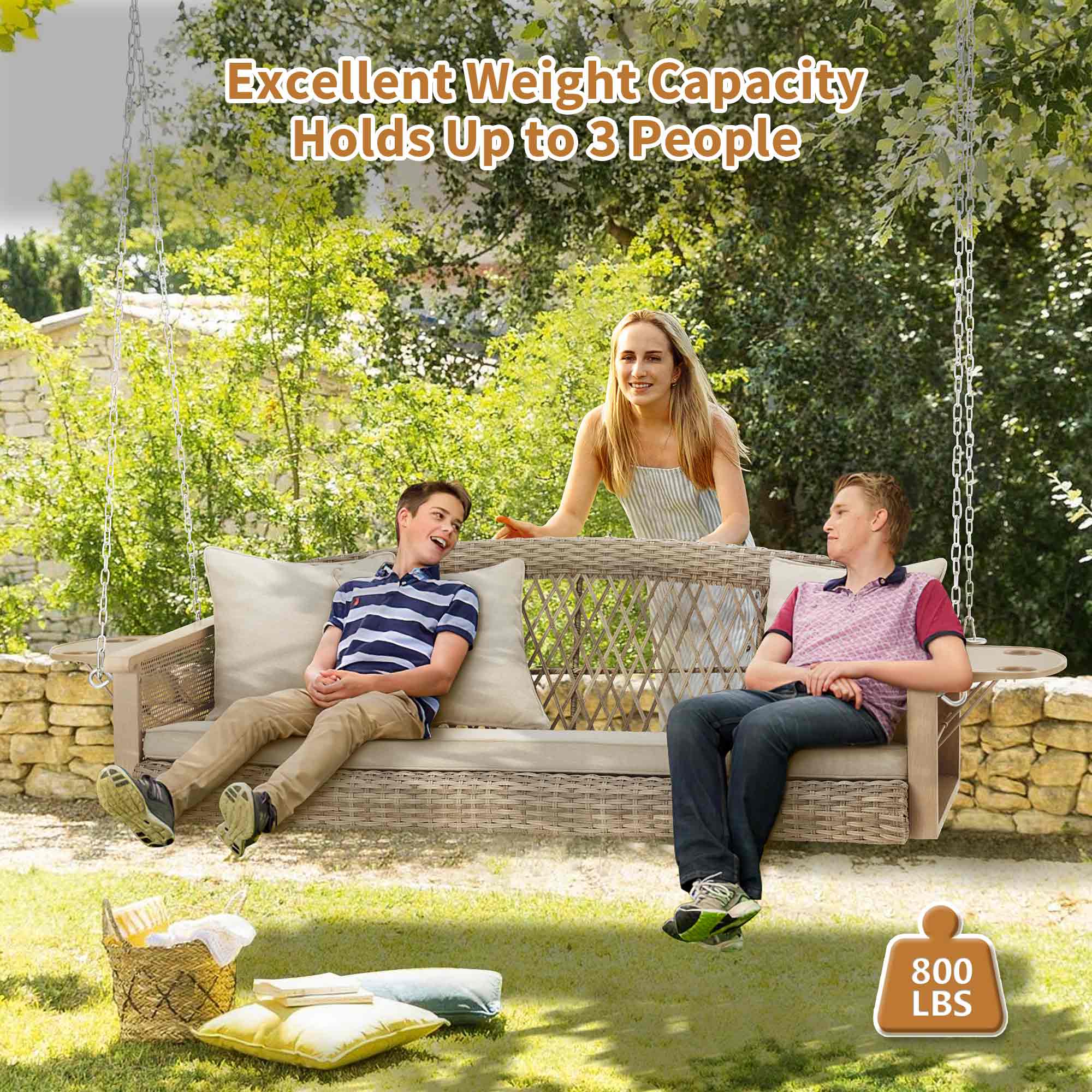 3-Seater Wicker Porch Swing with Cup Holders and Waterproof Cushions for Porch, Poolside, Beige