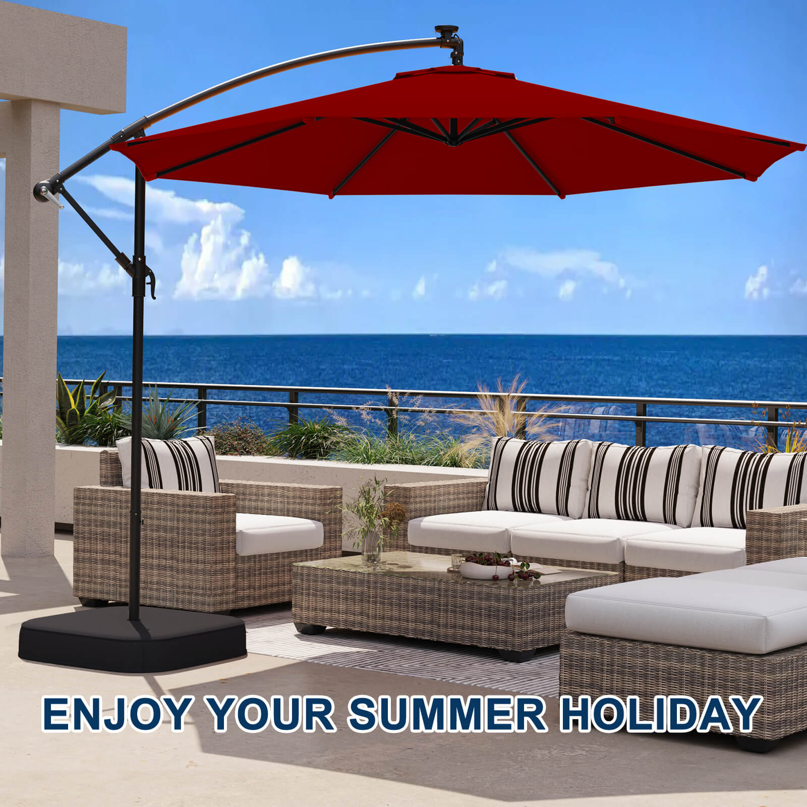 Homrest 10ft Patio Umbrella with Base, Outdoor Offset Cantilever Umbrella, Infinite Tilt, Burgundy