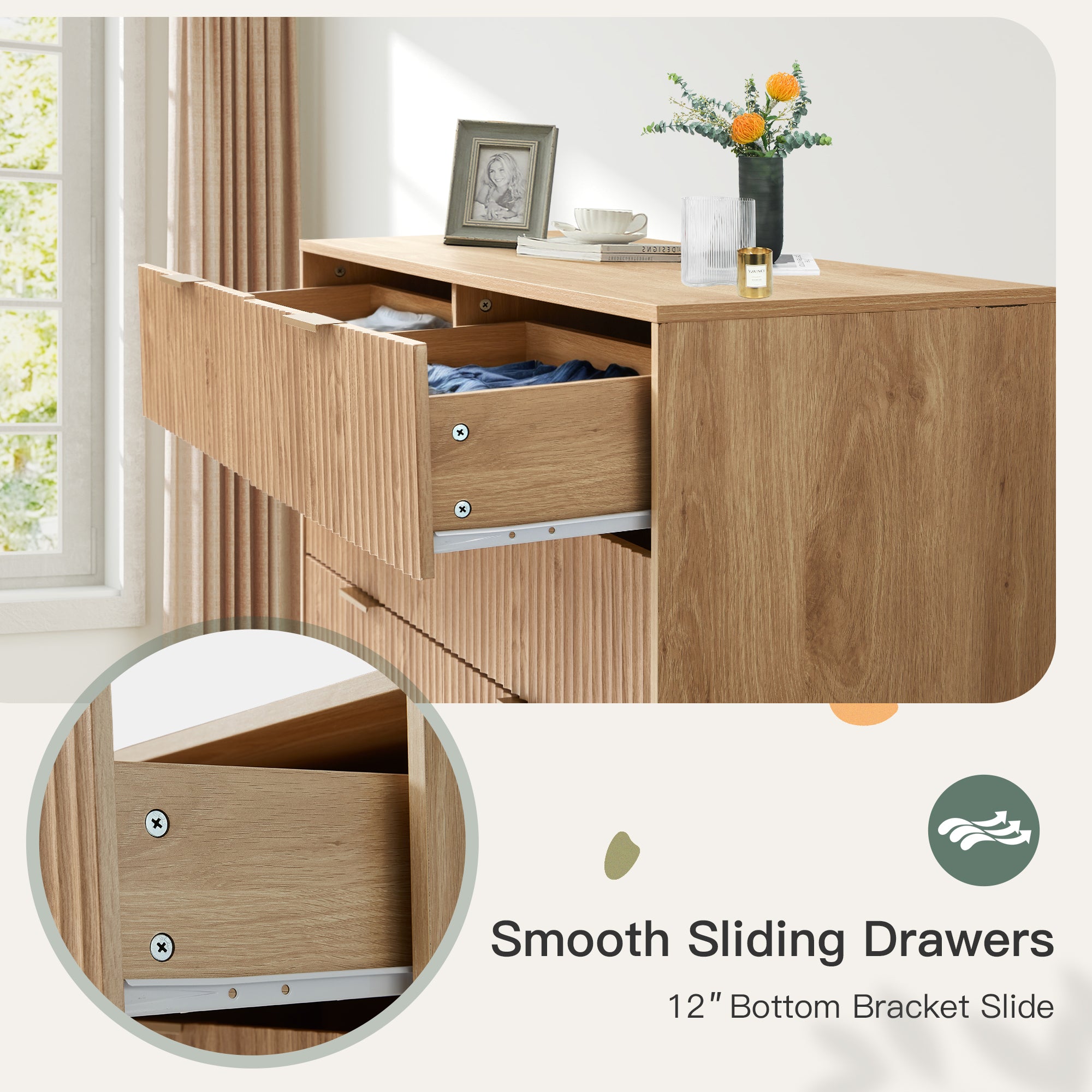HOMREST Fluted Dresser for Bedroom, 6 Drawer Modern Dresser, Wide Modern Chest of Drawers with Metal Handle, Mid Century Modern Dresser, Natural Wood