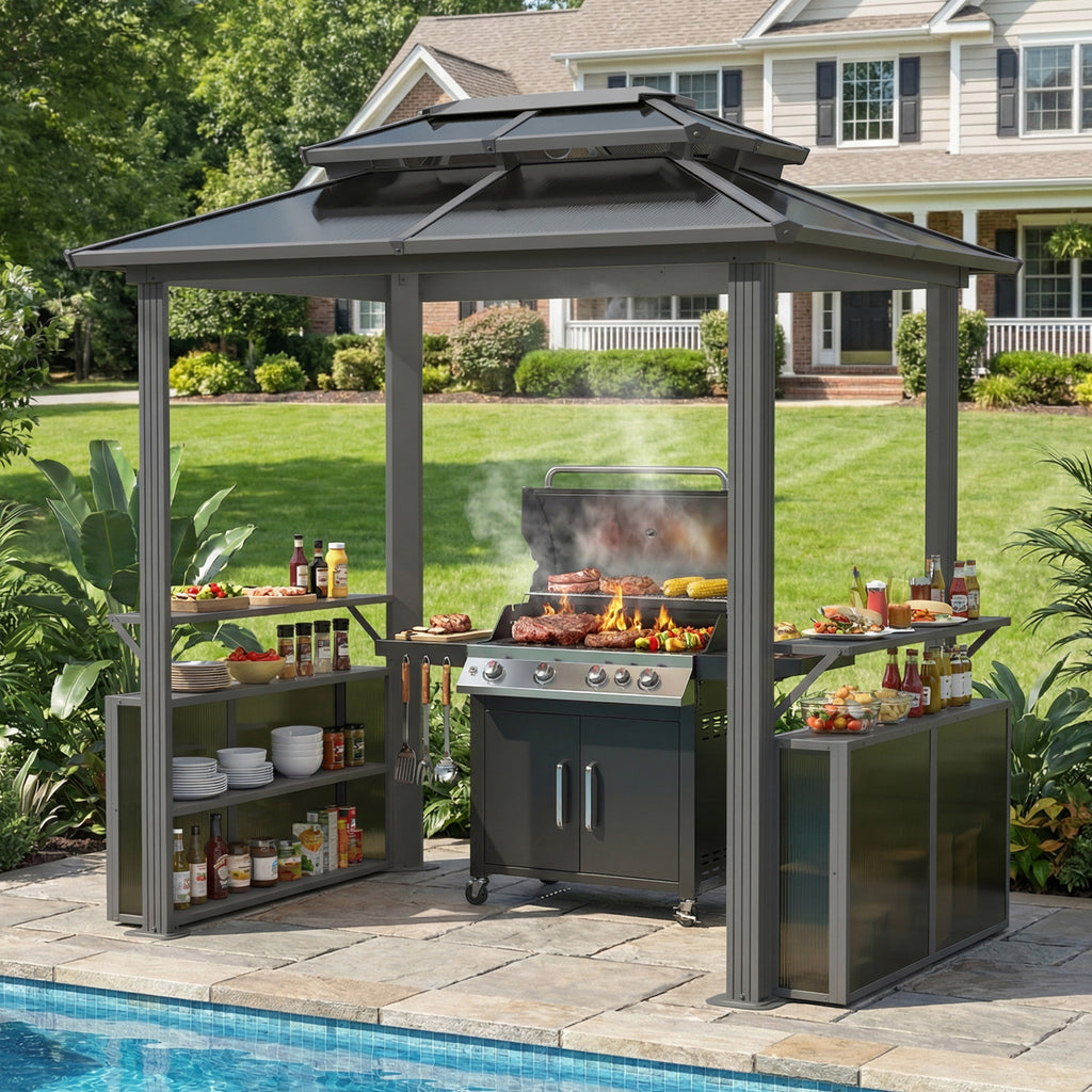 8' x 6' Hardtop Grill Gazebo, Outdoor Metal BBQ Gazebo with Storage Cabinet, Double Roof Hardtop Gazebo, Includes Ceiling Hooks, Suitable for Lawn, Courtyard and Garden