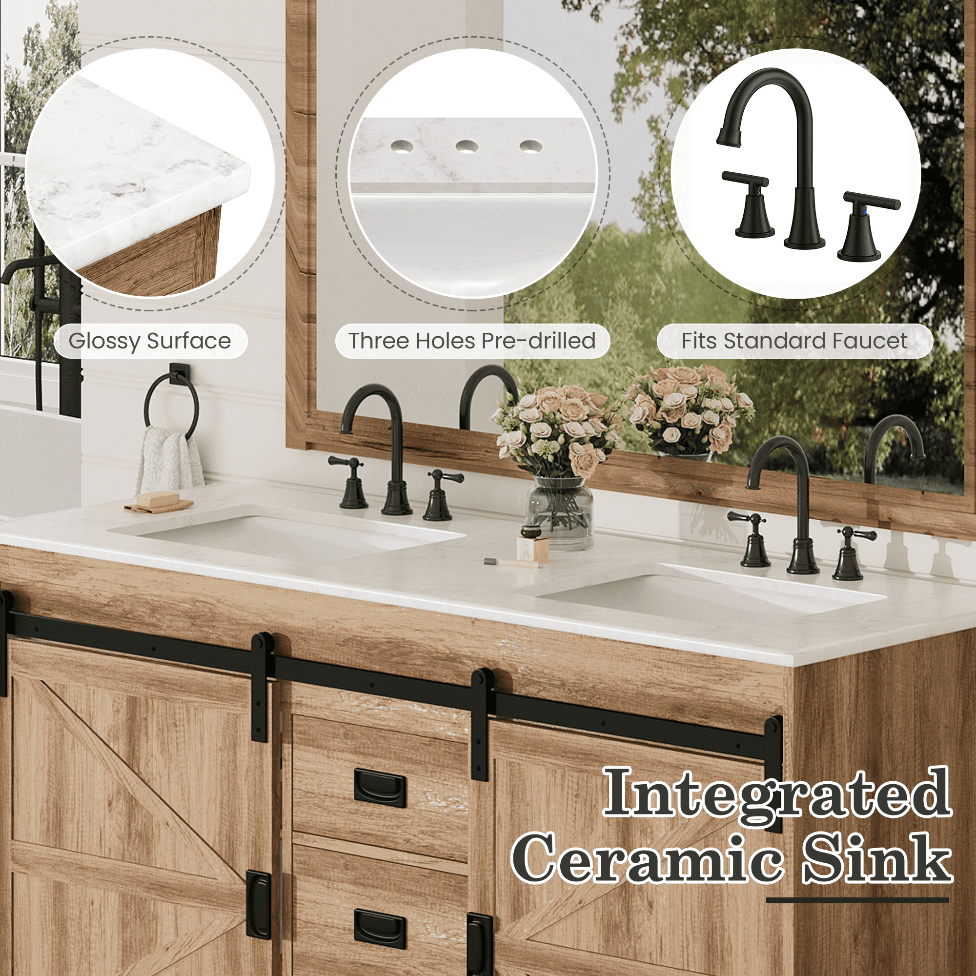 HOMREST 60" Farmhouse Double Bathroom Vanity with engineered stone top, Sliding Barn Door Sink Vanity, Brown